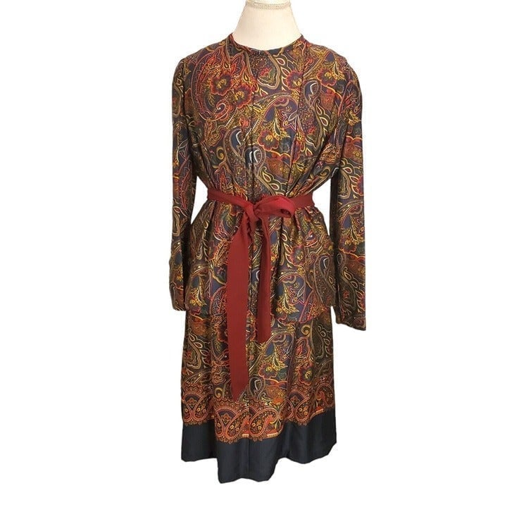 Vintage Dark Paisley Longsleeve Midi Dress With Jacket Belted Navy Blue Red Sz M