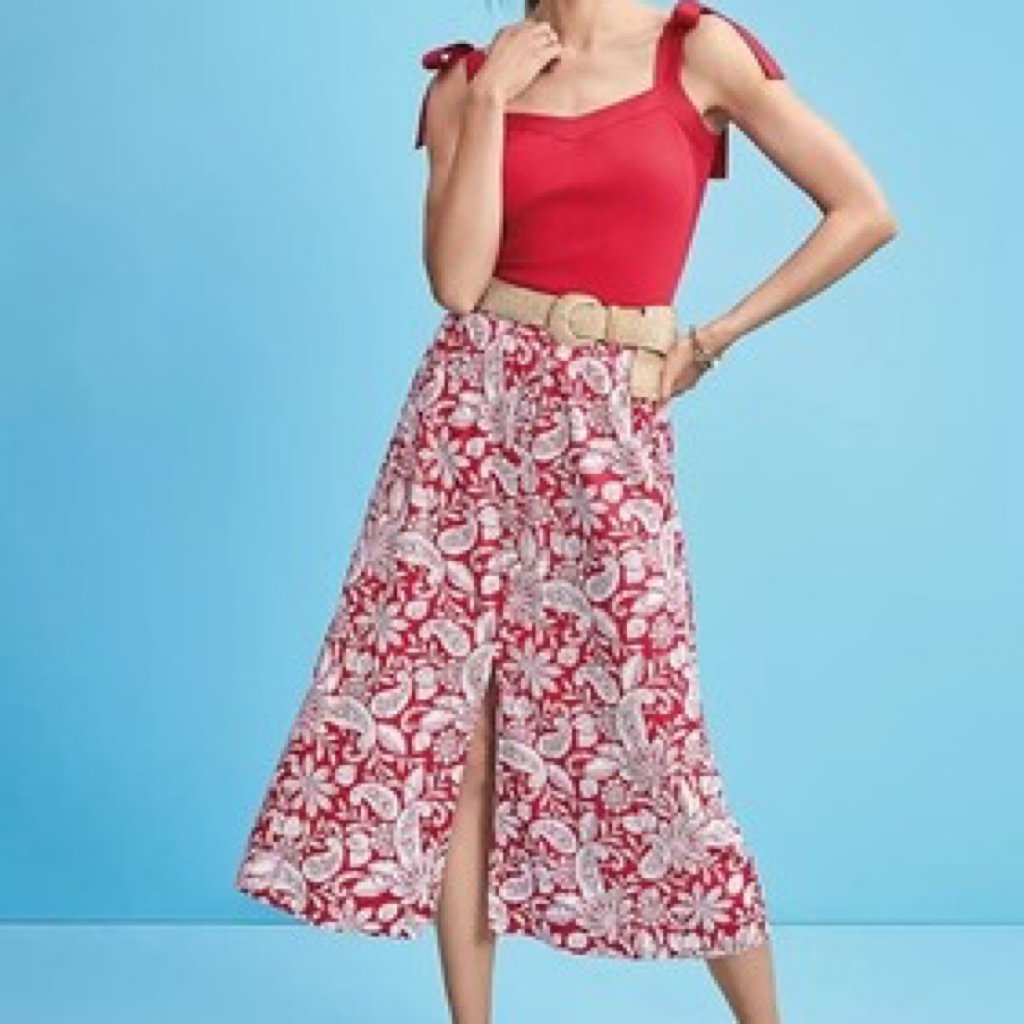 LOFT Paisley Button Pull On Midi Skirt in Red White Size Small Tango Red Print