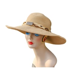 Straw Floppy Packable Sun Hat Stone & Beaded Band Derby Safari Summer Vacatio