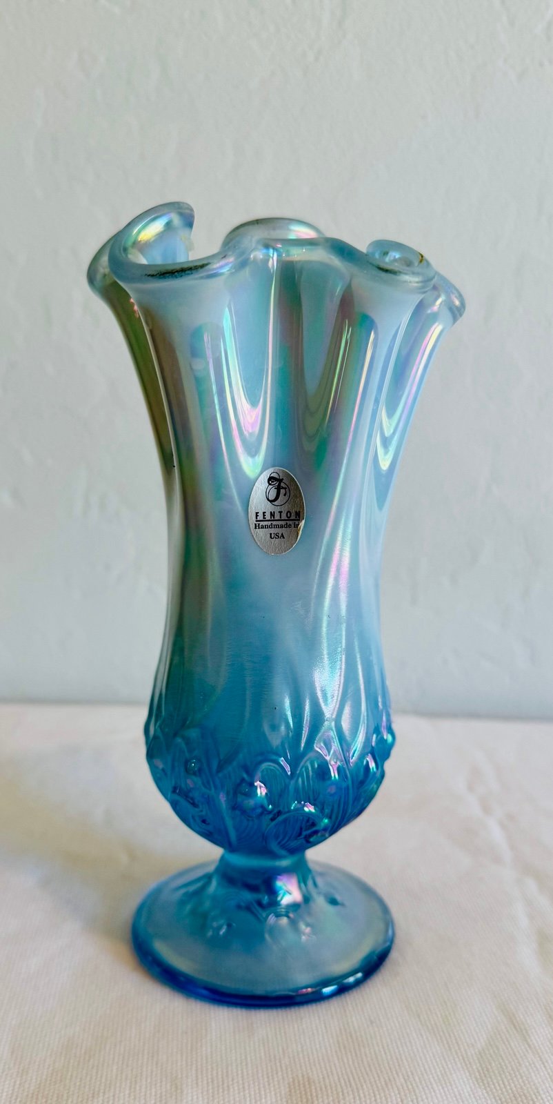 Fenton Art Glass Blue Opalescent Ruffled Lilly of the Valley Handkerchief Vase