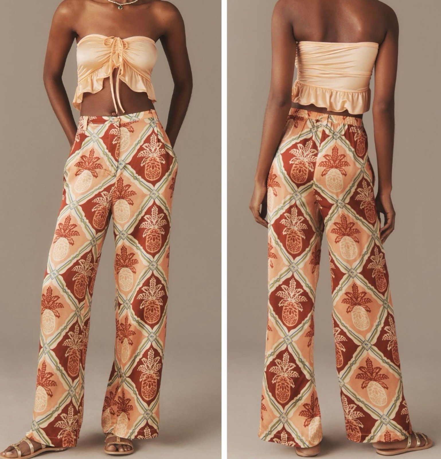 NWT Farm Rio Pineapple Satin Wide-Leg Pants, Size M