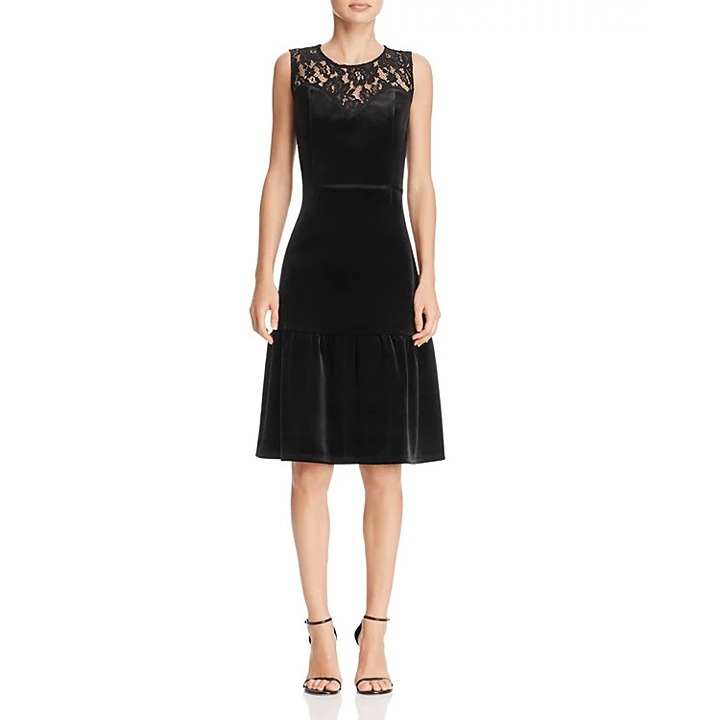 NWT Nanette Lepore Womens Size 8 Black Lace-Yoke Velvet Flounce Dress NEW