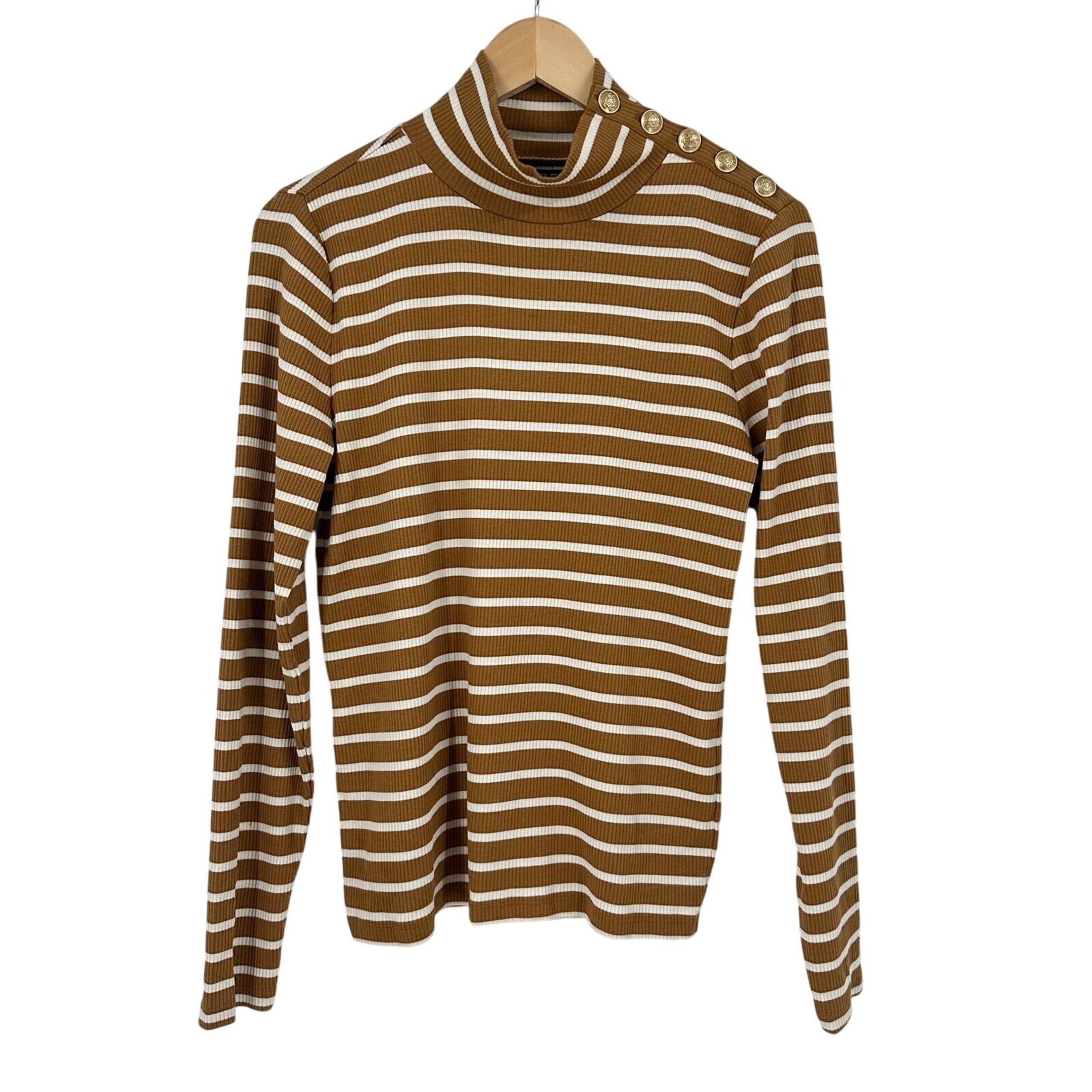 J.Crew Vintage rib turtleneck gold buttons cape stripe Brandy Ivory Medium bt676