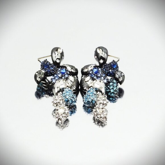 ALEXIS BITTAR Black Rhodium Plated Blue & Clear Crystals Statement Earrings