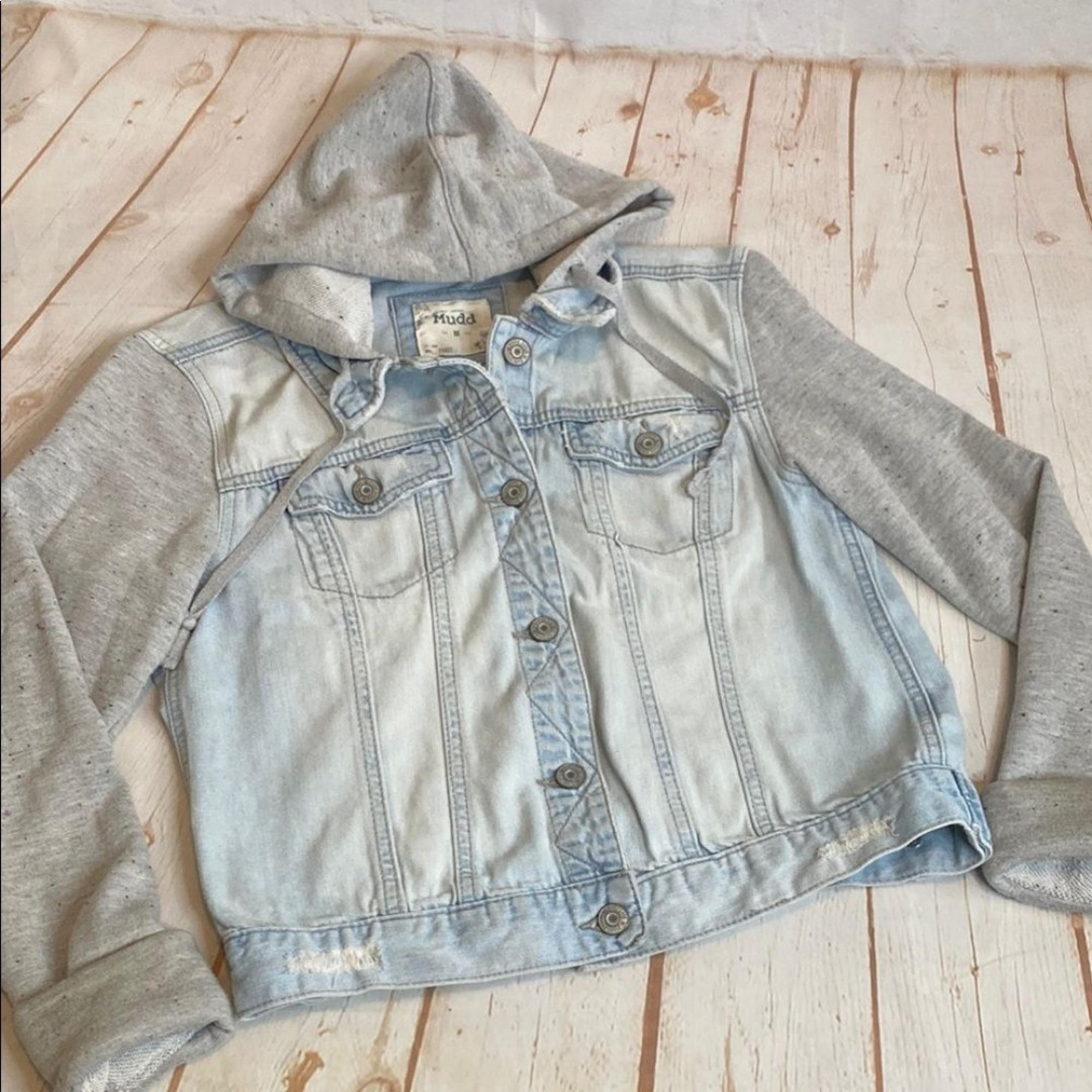 Mudd Light Blue and Gray Knit Sleeved Juniors Distressed Worn Denim Jacket