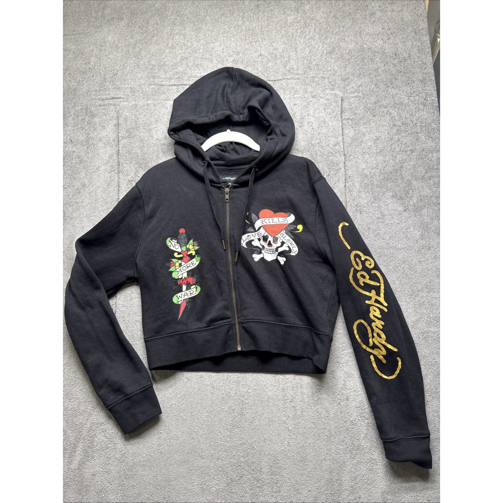 Ed Hardy Black Hoodie XL Love Kills Slowly Zip Cropped Jacket Retro Embroidered