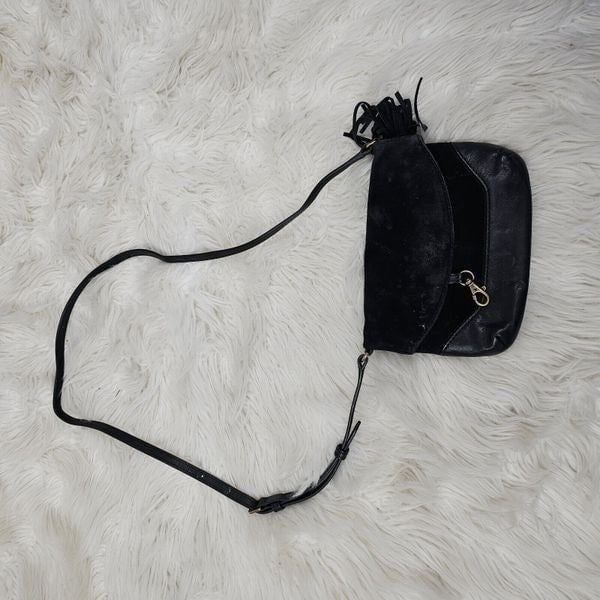 Frye Black Crossbody Purse Satchel Tassel Small Shoulder Bag Leather Suede