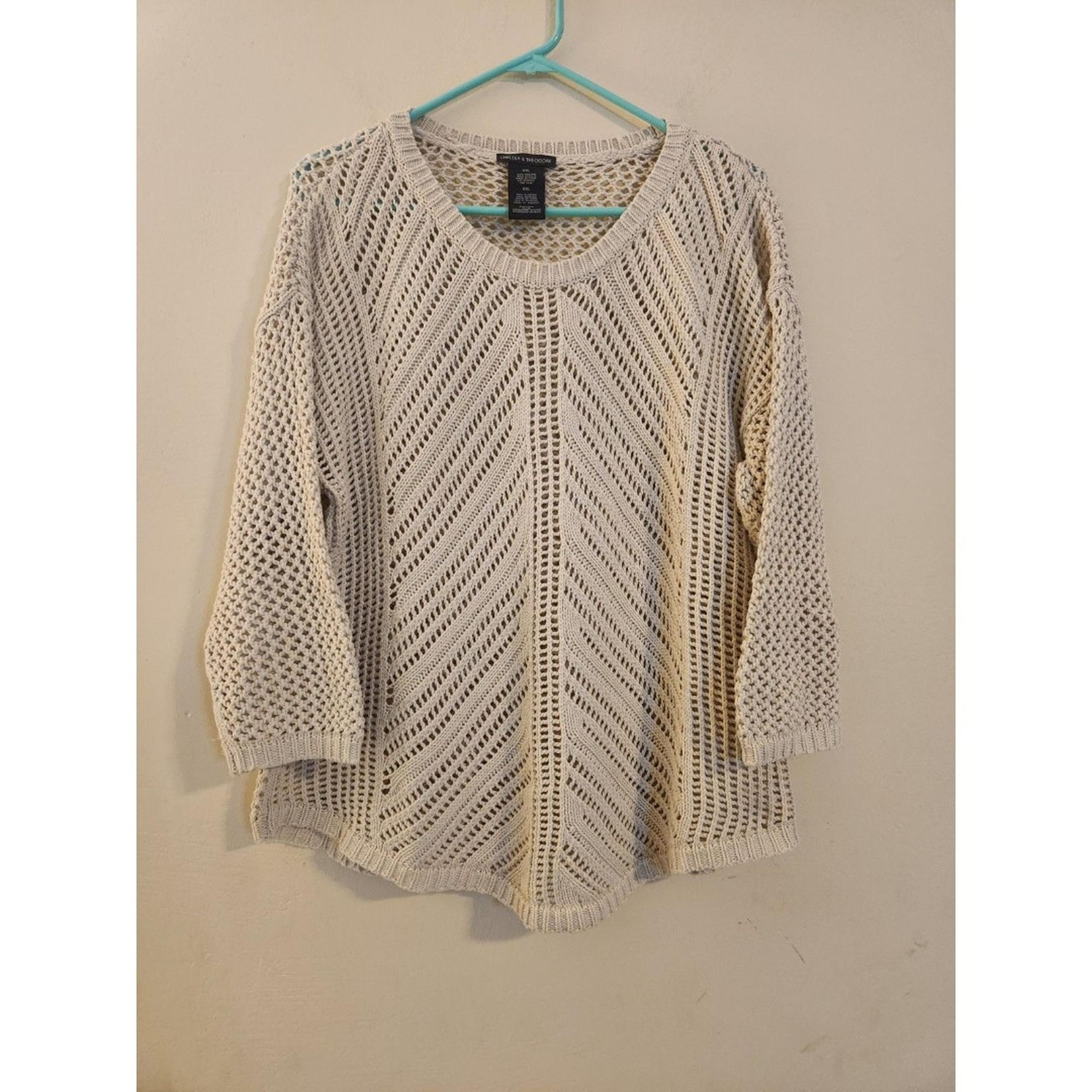Chelsea Theodore Womens Sweater Size XXL Beige Pointelle Knit Boho Coastal 15640
