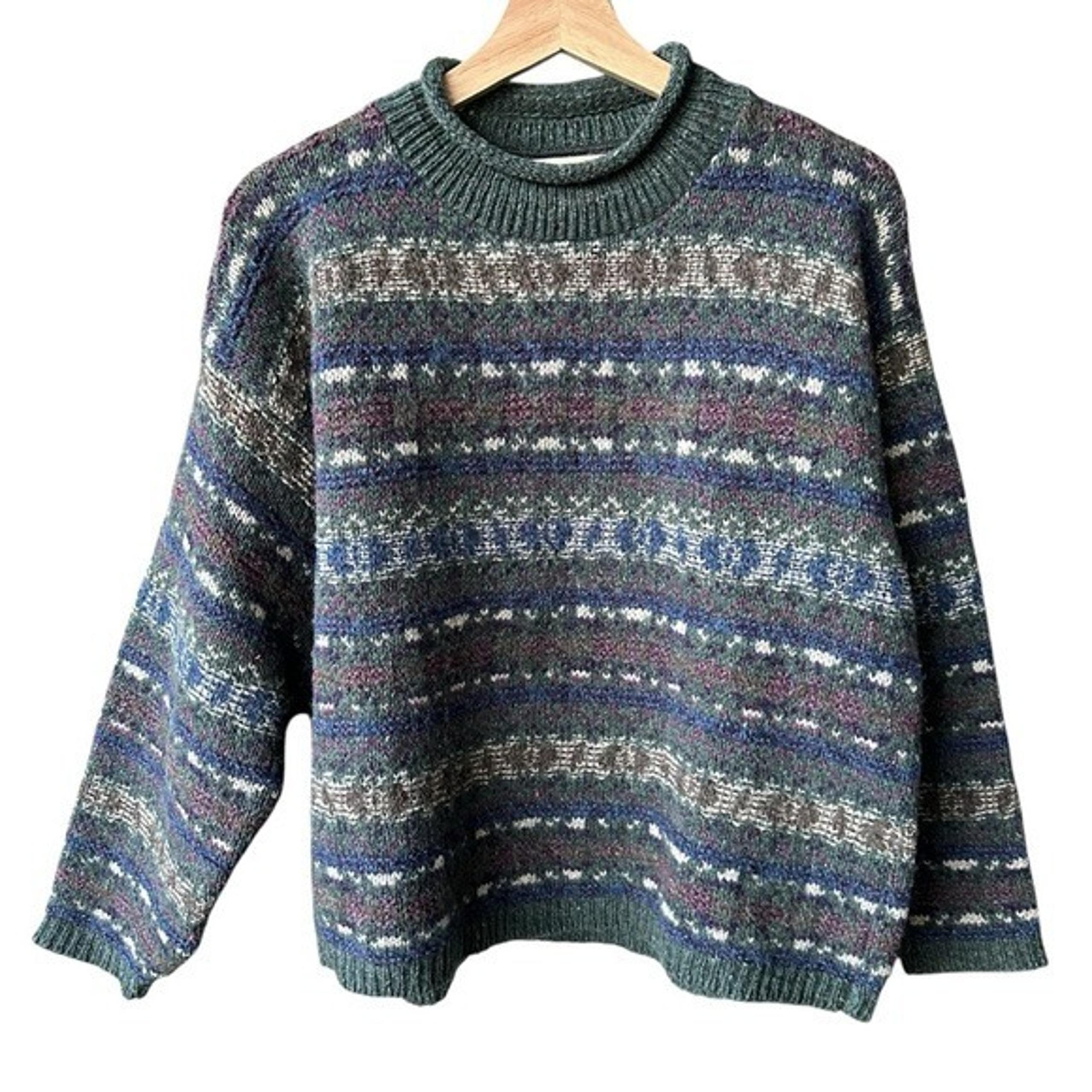 Eddie Bauer Vintage Sweater 90s Green Purple Knit Wool Preppy Academia Sz Large