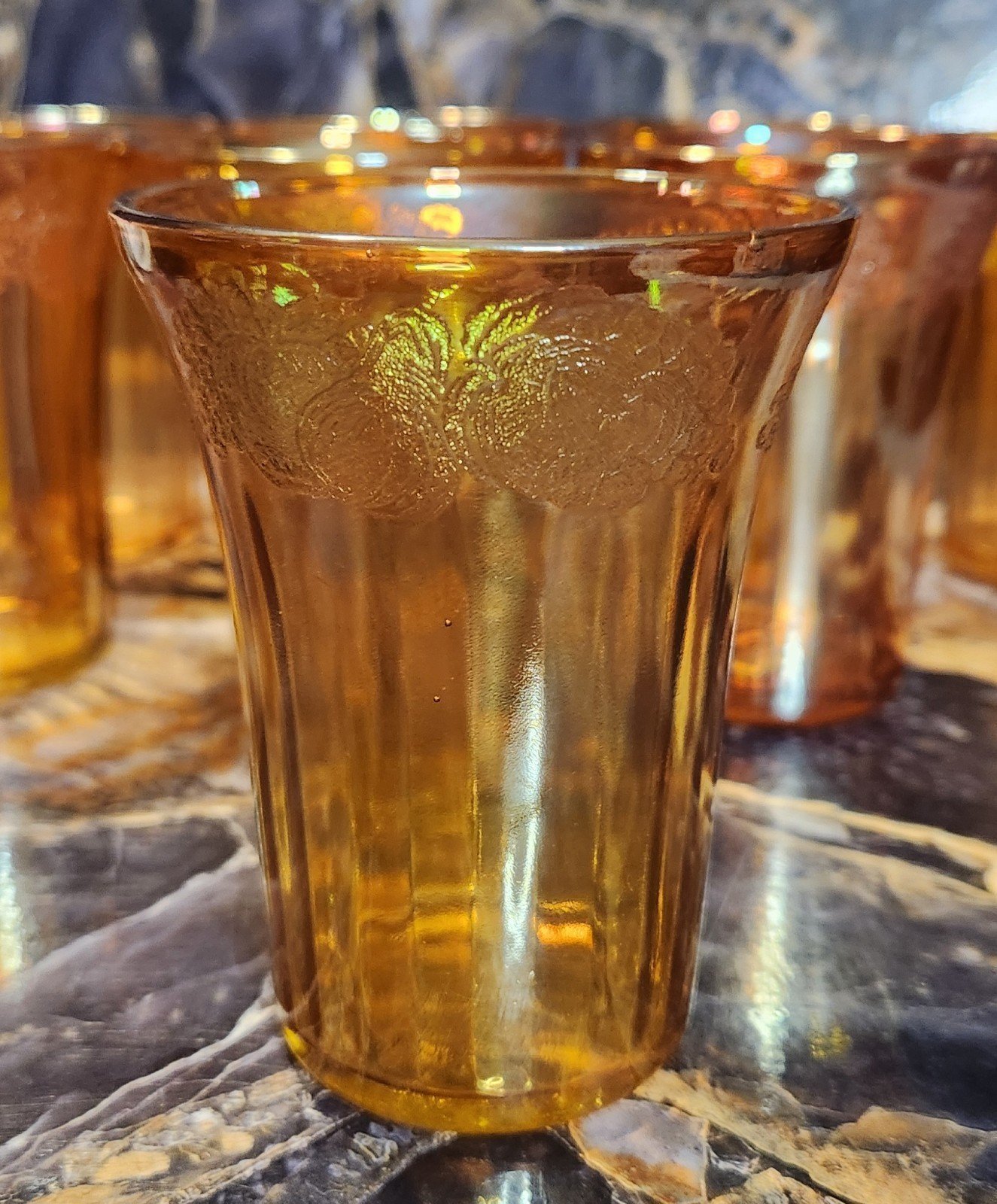 Set of 8 Carnival Glass Tumblers, Marigold Color , Great shape.