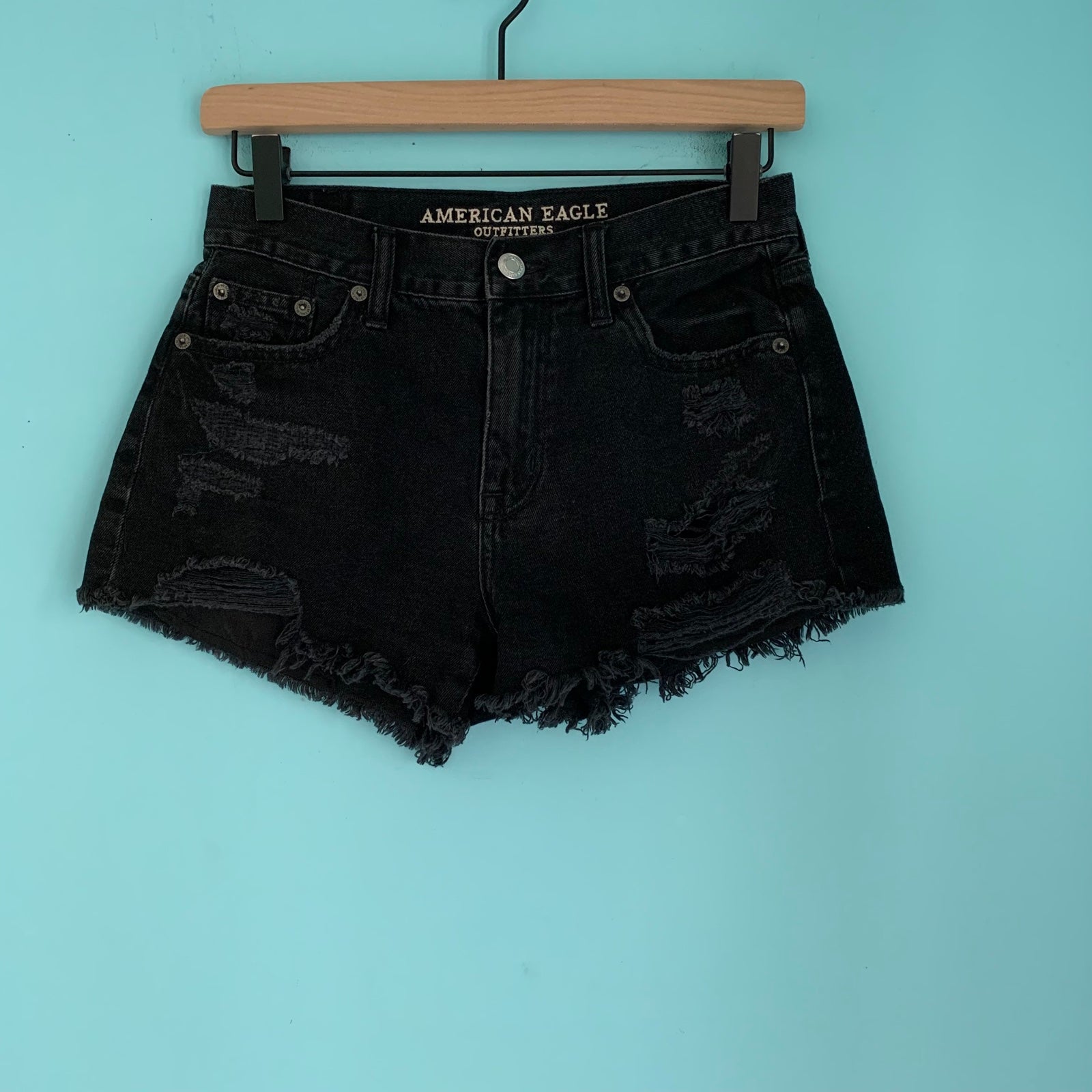 American Eagle High Rise Festival Black Distressed Fray Denim Shorts 0