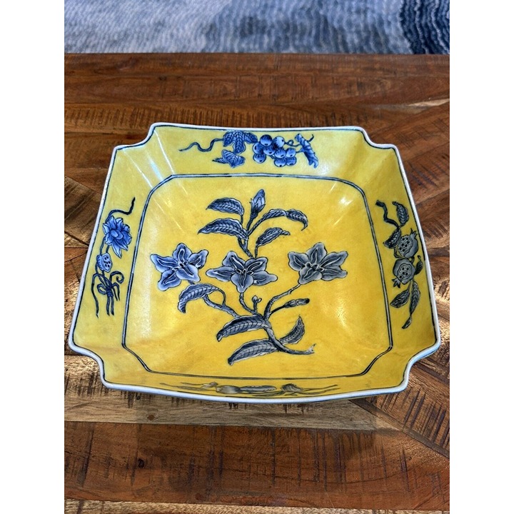 Vintage Porcelain Chinese Jardiniere Yellow With Cobalt Blue UW1897 Bowl 9.5x9.5