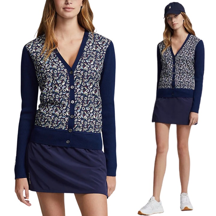 NWT RLX Ralph Lauren Wool Floral Knit Cardigan Sweater Women's Small Navy Golf