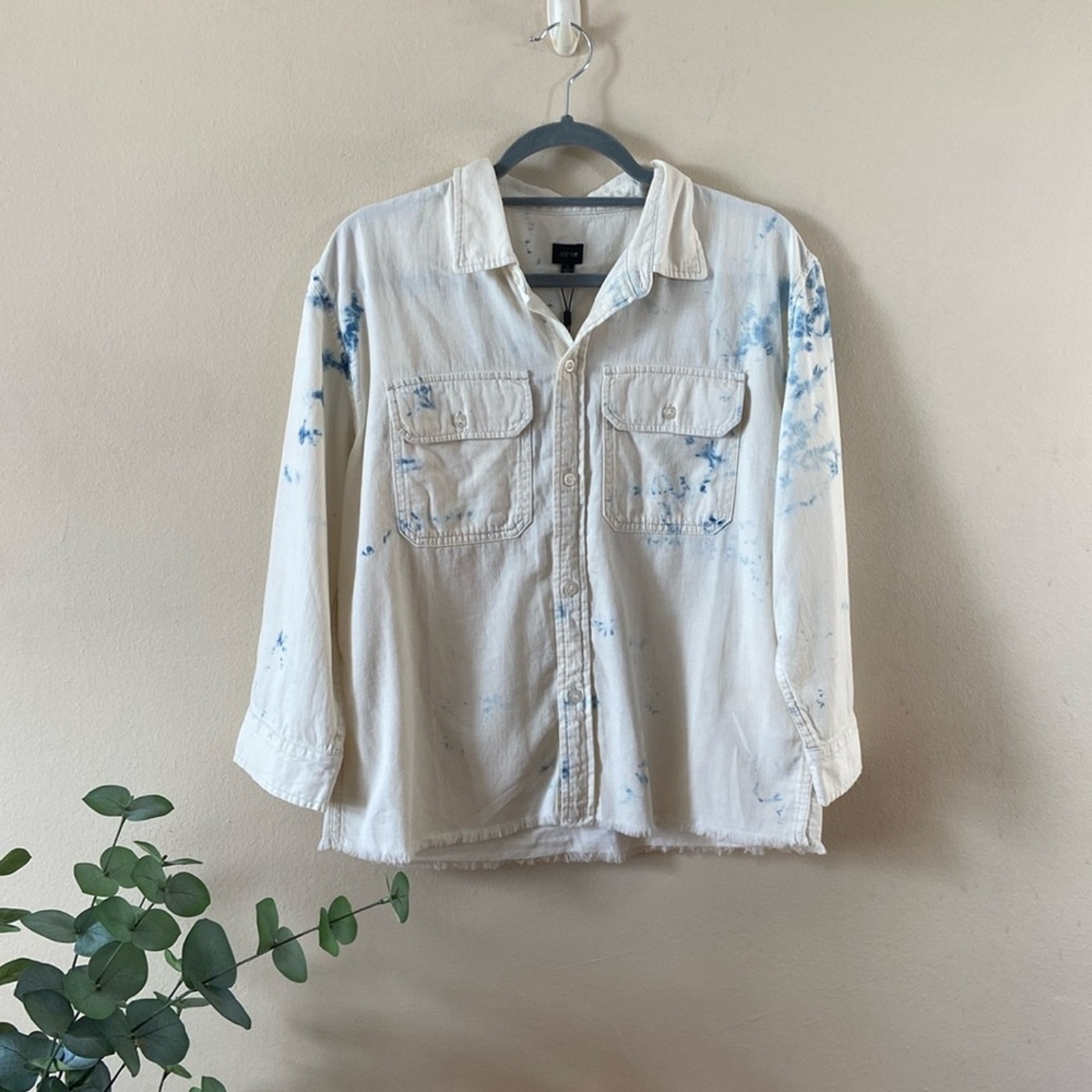 New Joe's Jeans Frayed Hem Button Down Shirt White Blue Tie Dye Large