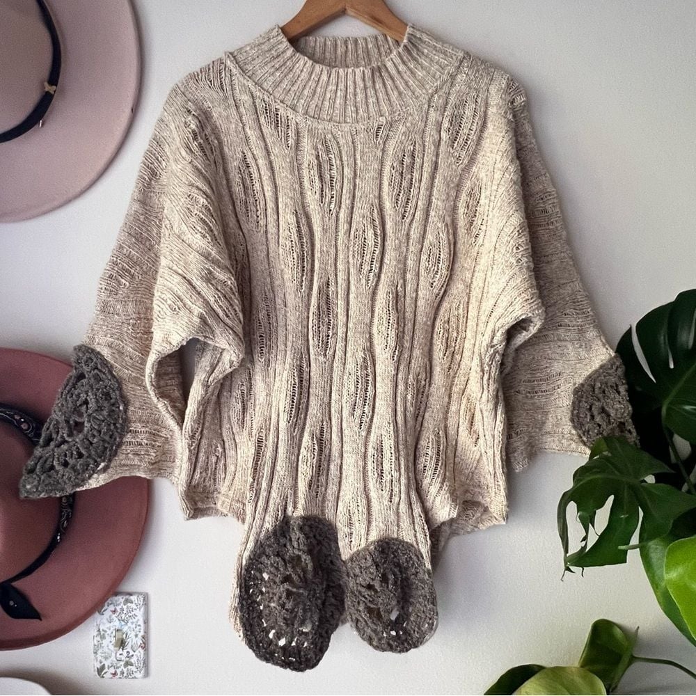 VALIANT crochet knit poncho SWEATER asymmetricaL hem cotton blend LAGENLOOK