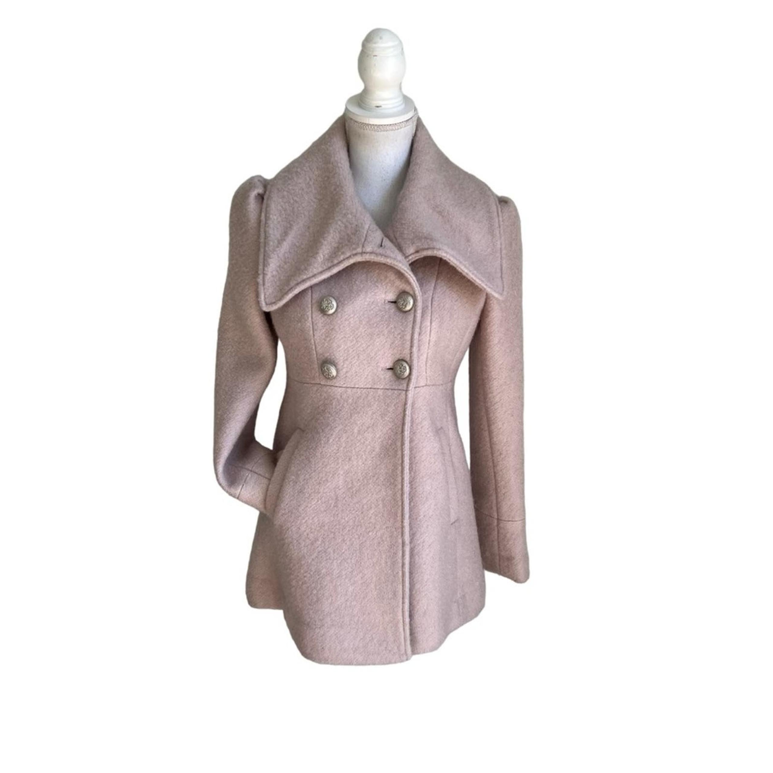 Vintage Back Bow Pale Pink Wool Blend Pea Coat - GUESS