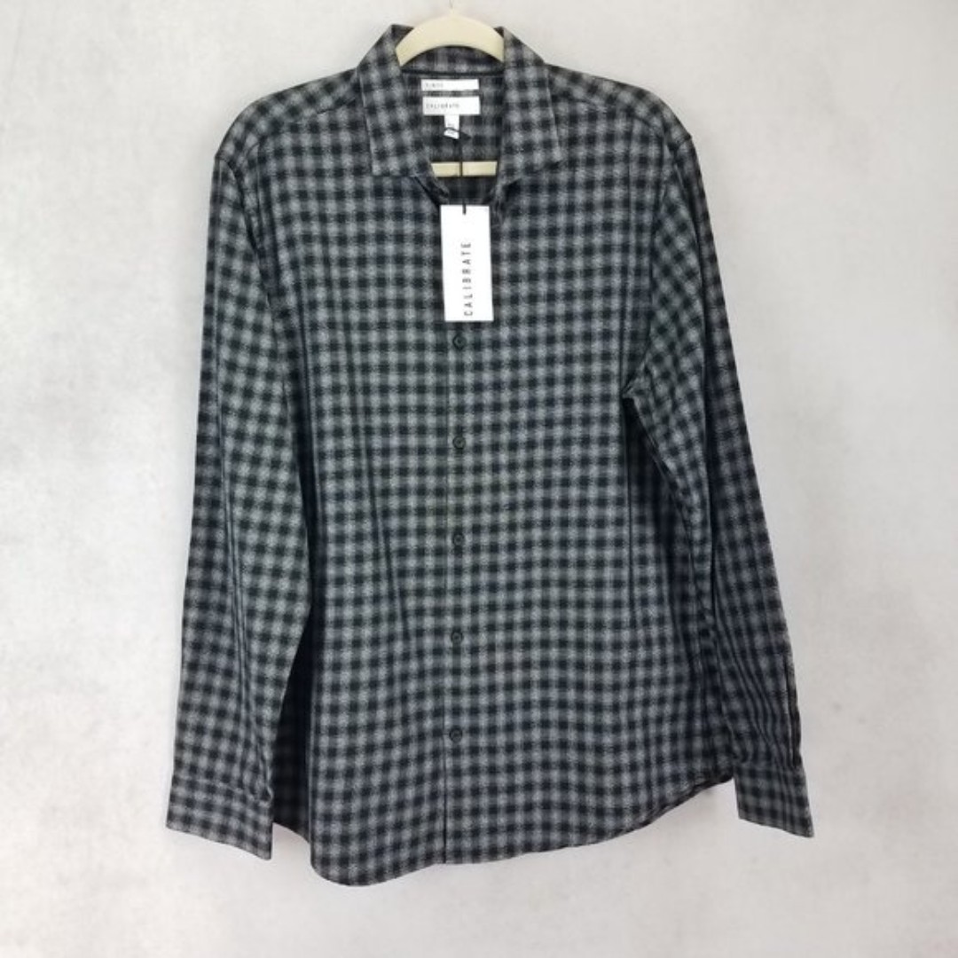 NEW Calibrate Men's L Slim Fit Button Down Long Sleeve Shirt Black Jaspe Check