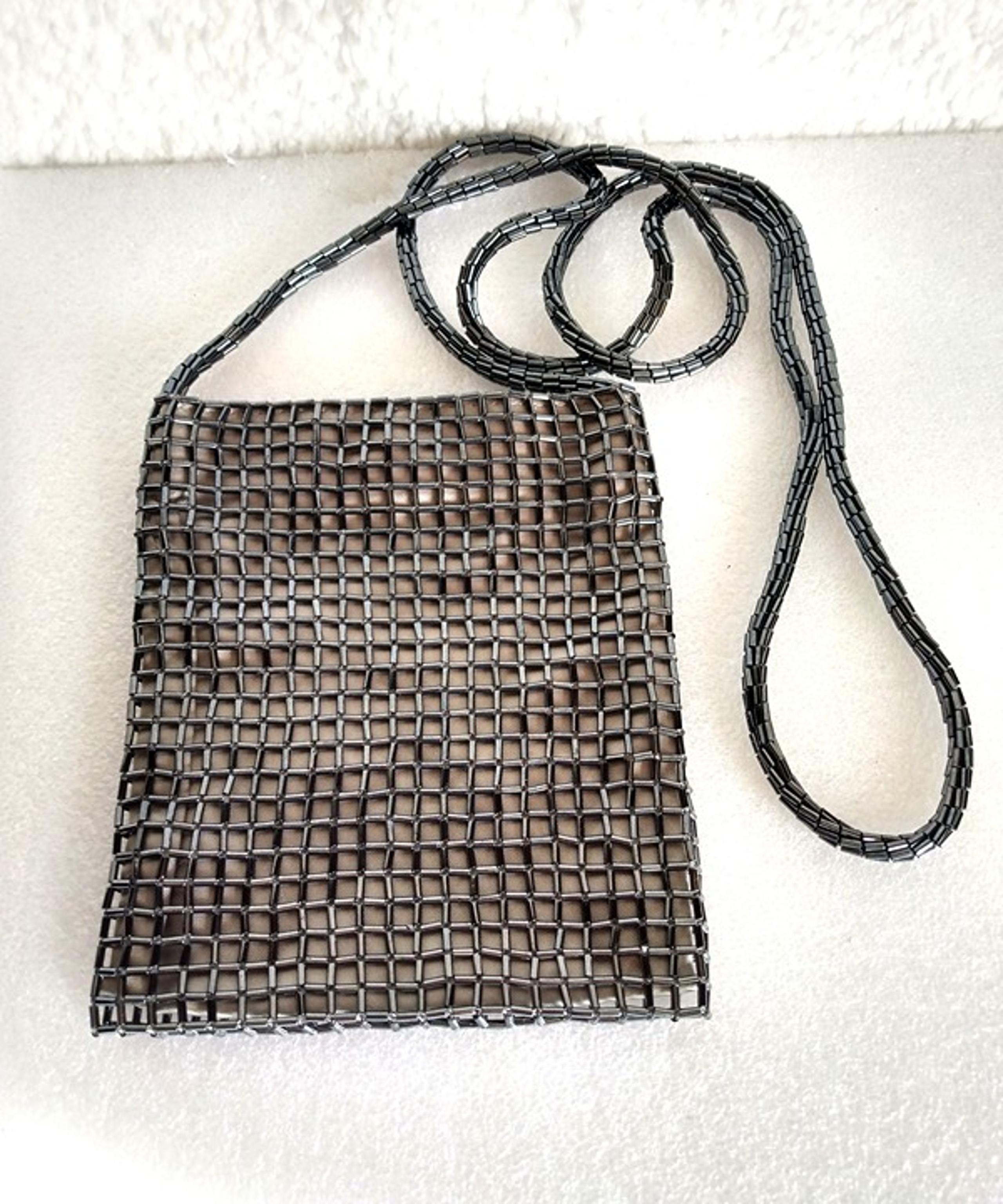 Valerie Stevens Gray Metallic Beaded Mesh Formal Evening Bag Crossbody Purse