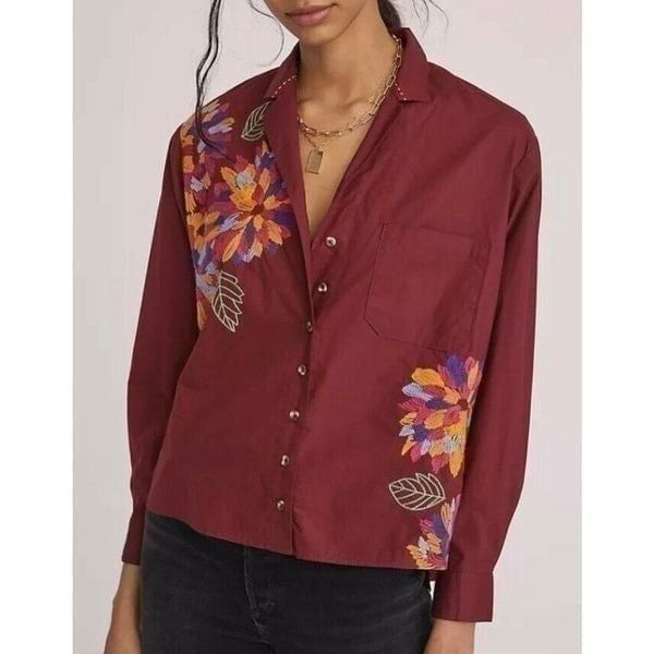 Anthropologie Maeve Wine Embroidered Button Down Long Sleeve Boho Shirt Size 4