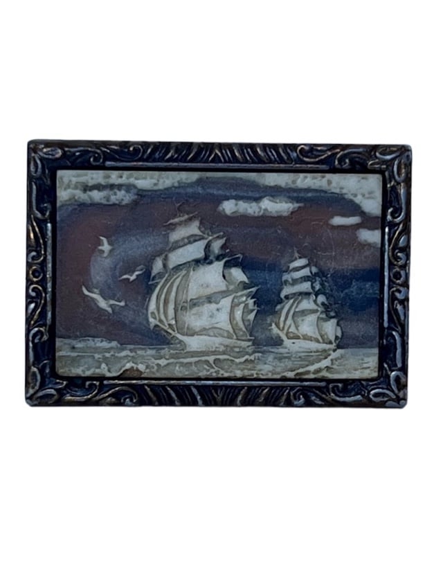 Vintage Incolay Belt Buckle Carved Stone Ship Nautical Coastal 1970s Brass