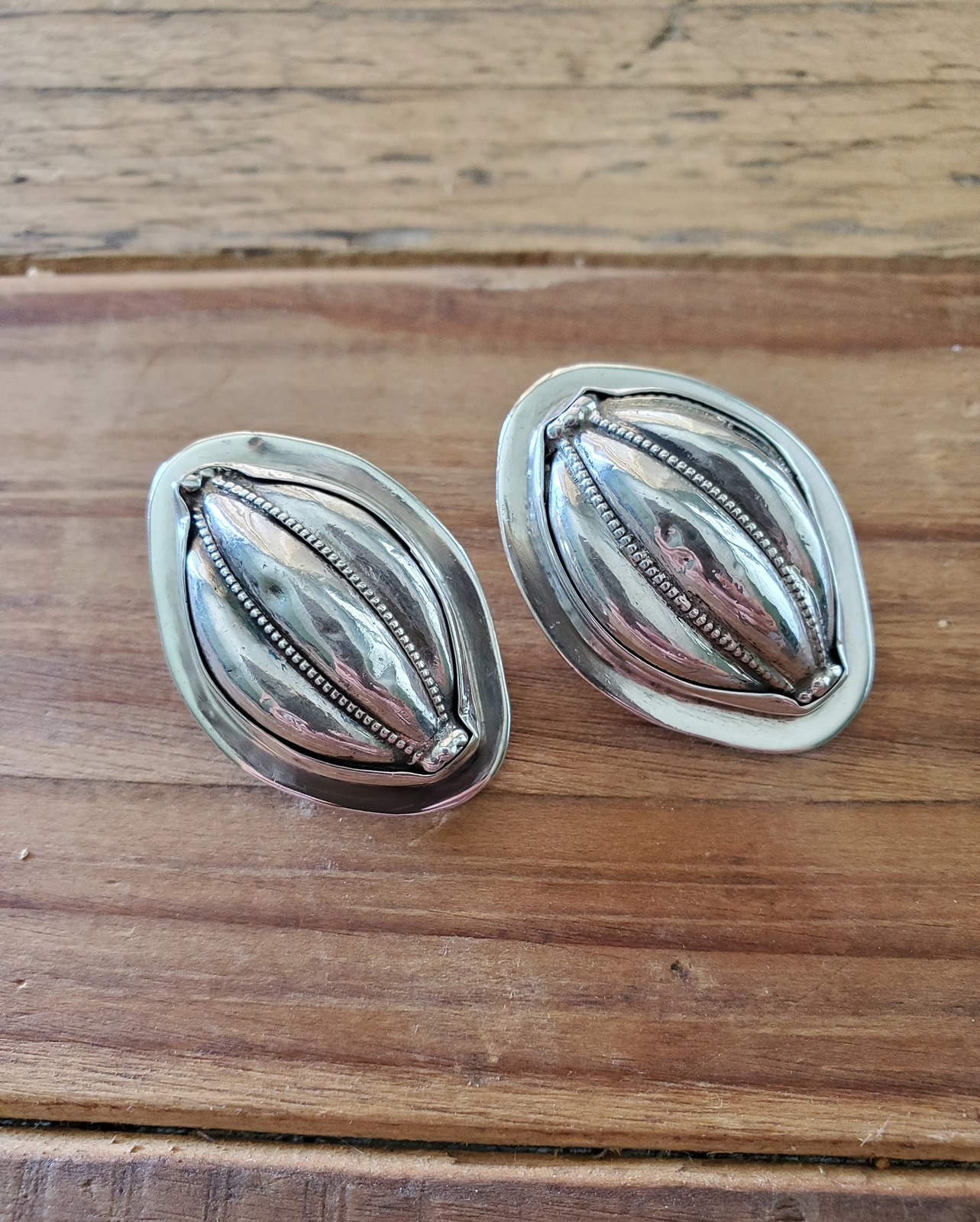 Vintage Boho Sterling Silver Artisan Made Seed Pod Clip On Statement Earrings
