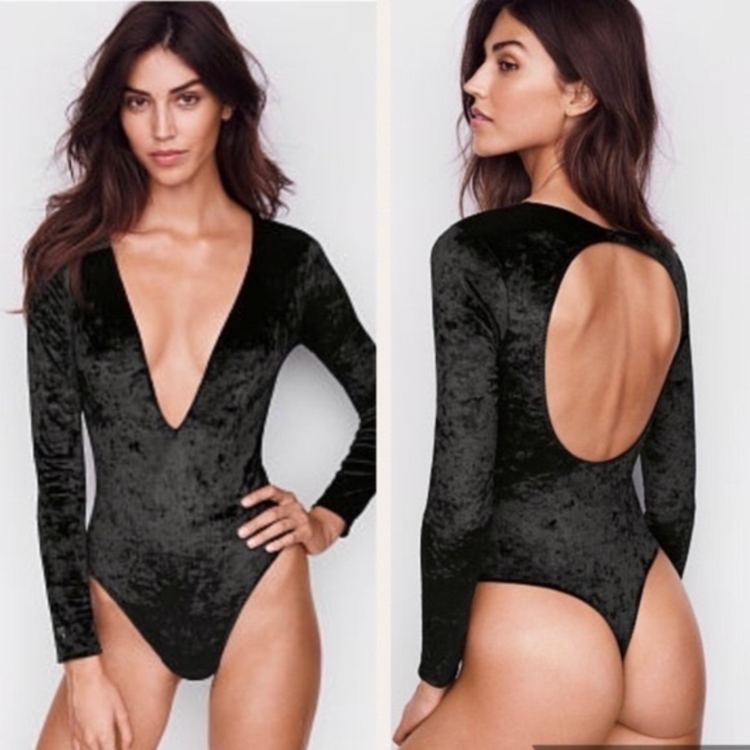 Victoria’s Secret bodysuit womens black crushed velvet plunge bodysuit size m/L