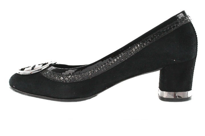 TORY BURCH Black Suede Mid Heel Medallion Pump Size 7.5