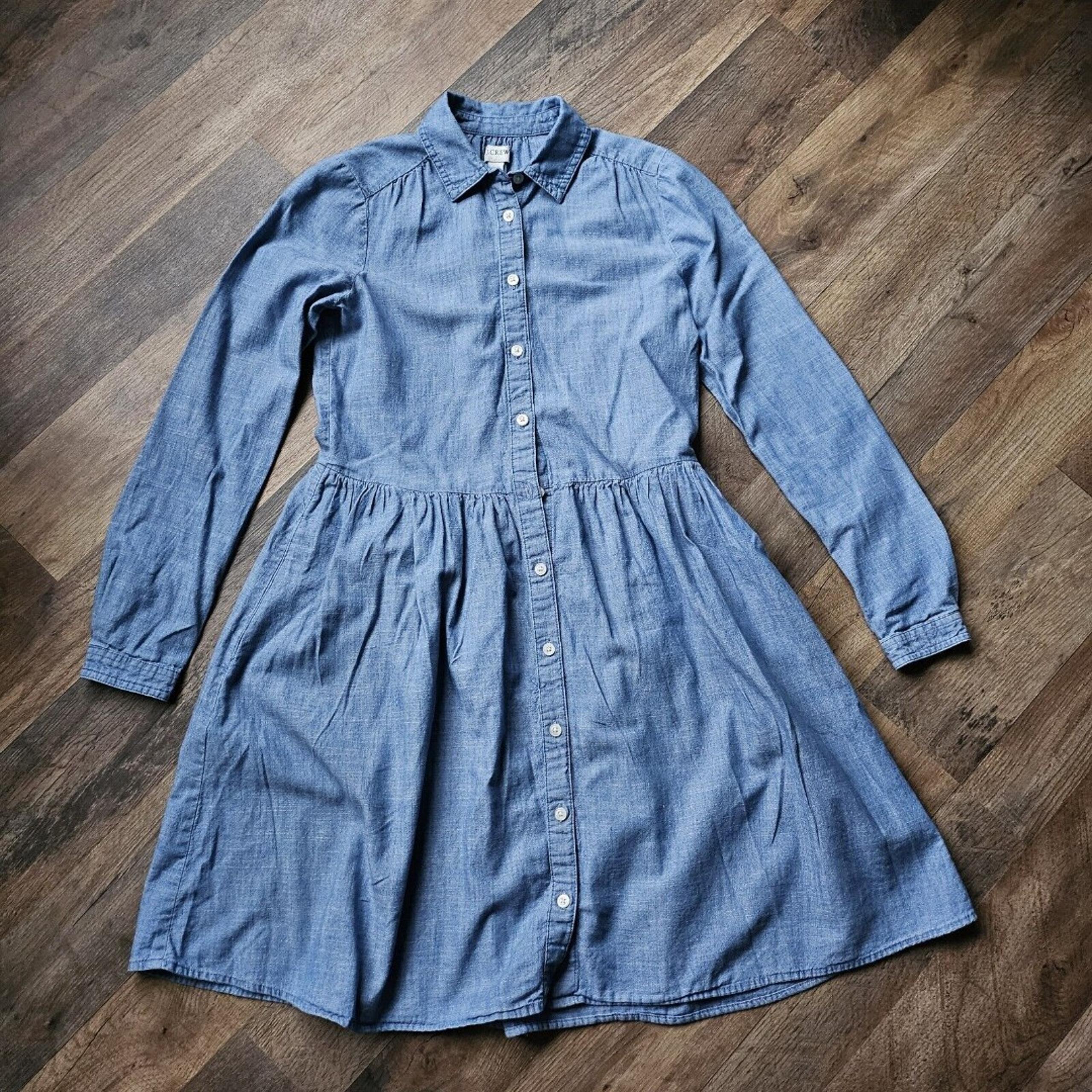 J. Crew Factory Shirt Dress Womens 00 Blue  Collared Pockets Cotton Knee Length