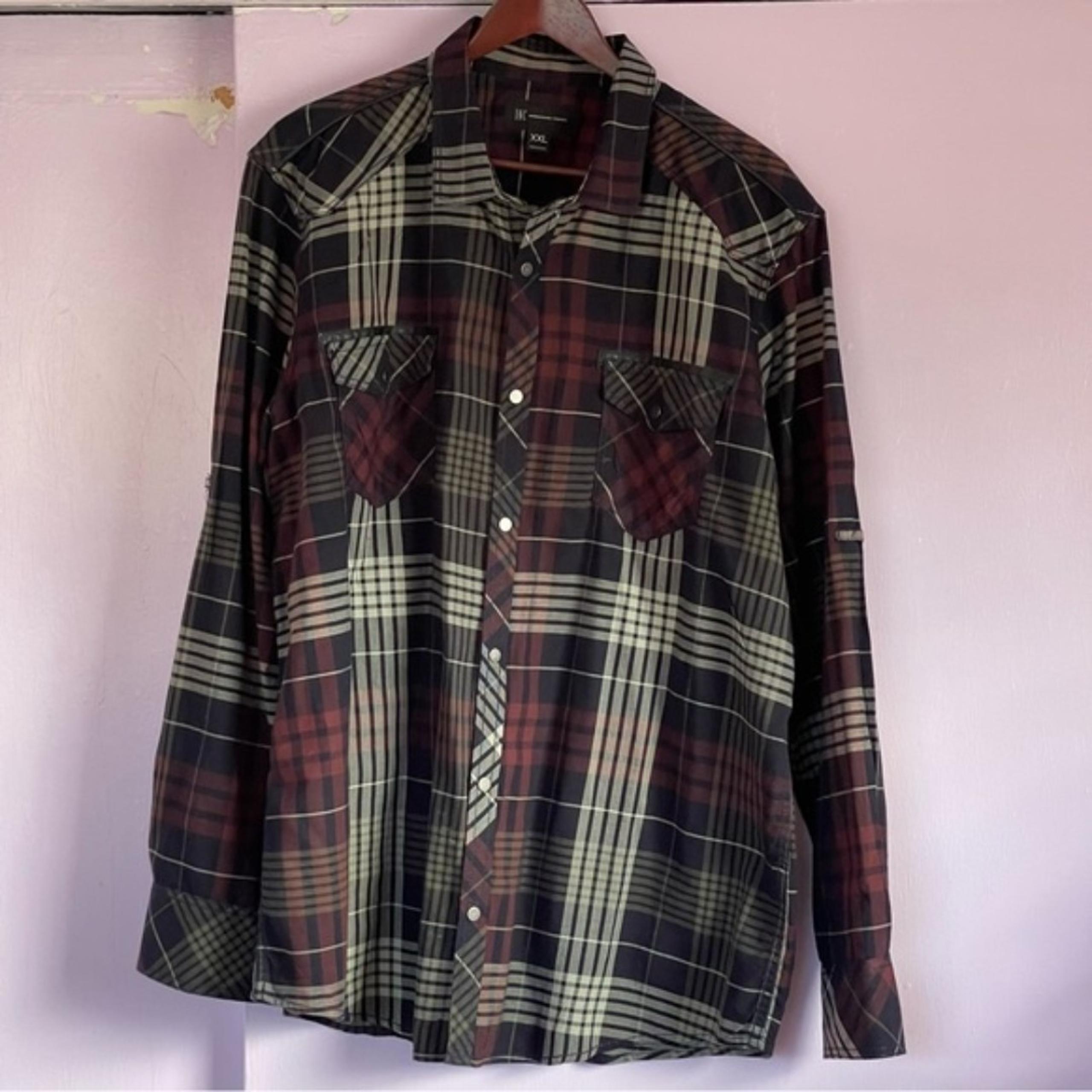 INC Men’s Long Sleeve snap front Shirt Sz 2 XL Black/Grey/Burgundy