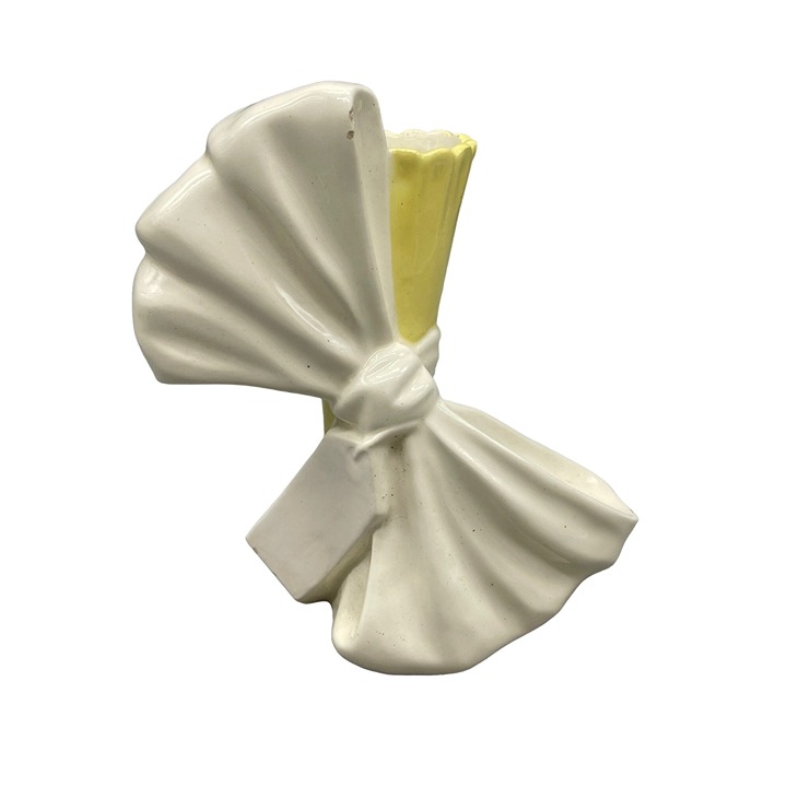 retro design pat pending block vase glass bow white yellow ripple tag 7X7.5 READ
