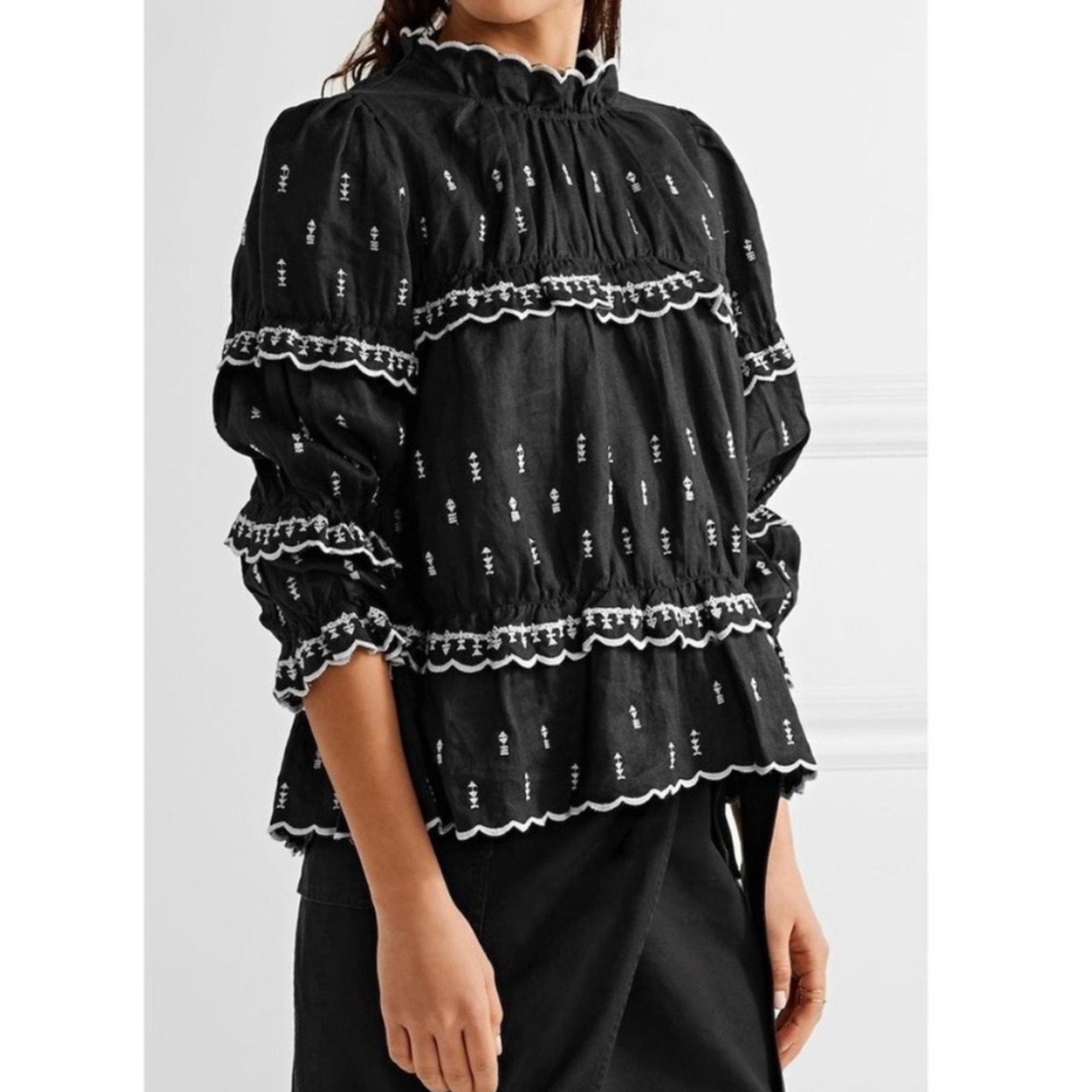 Isabel Marant Etoile Womens 42 Daniela Tiered Blouse Linen Lightweight Preppy