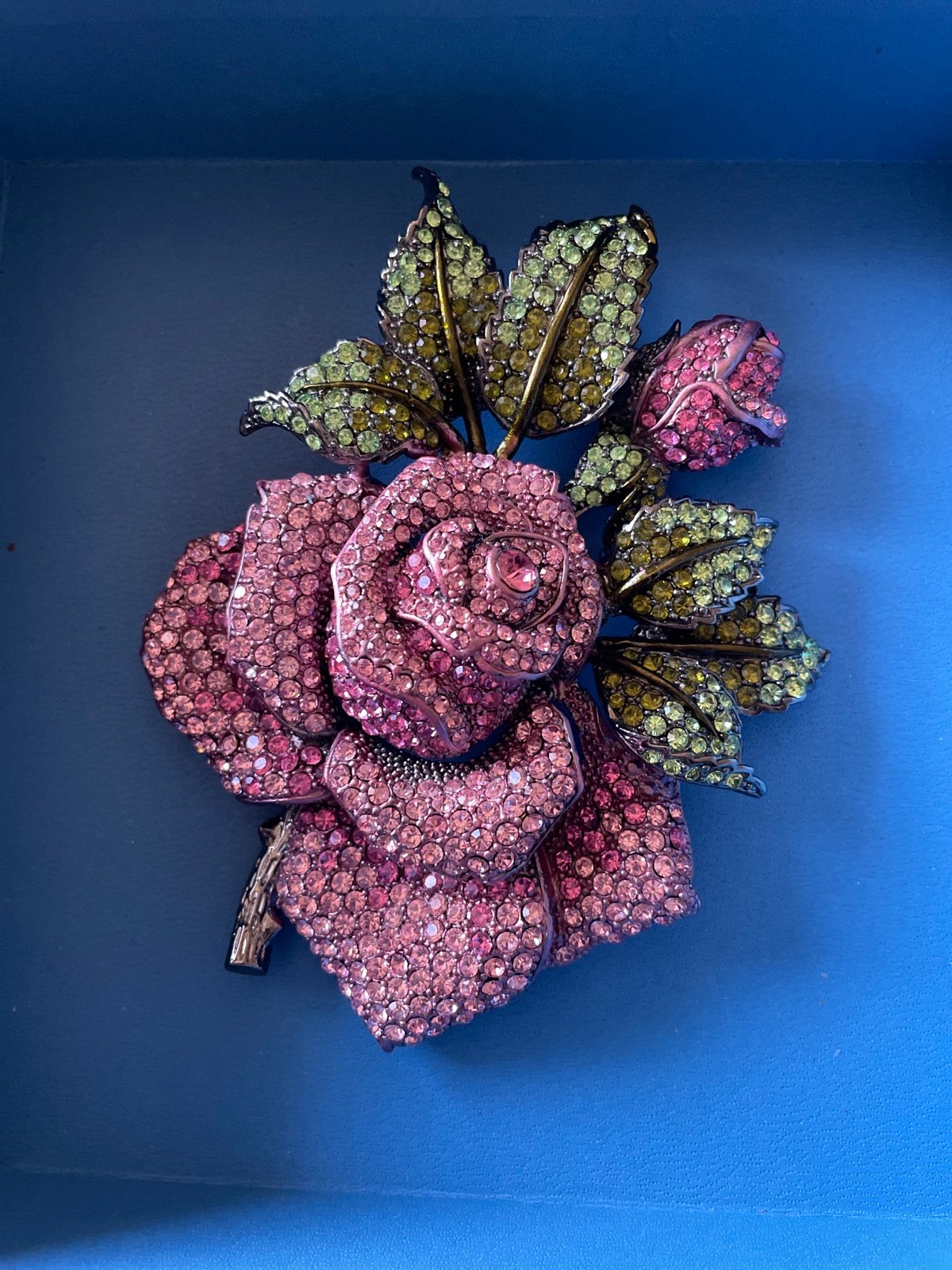 Massive Vintage Pink & Green rhinestone Flower Rose Pin Brooch 5 1/4