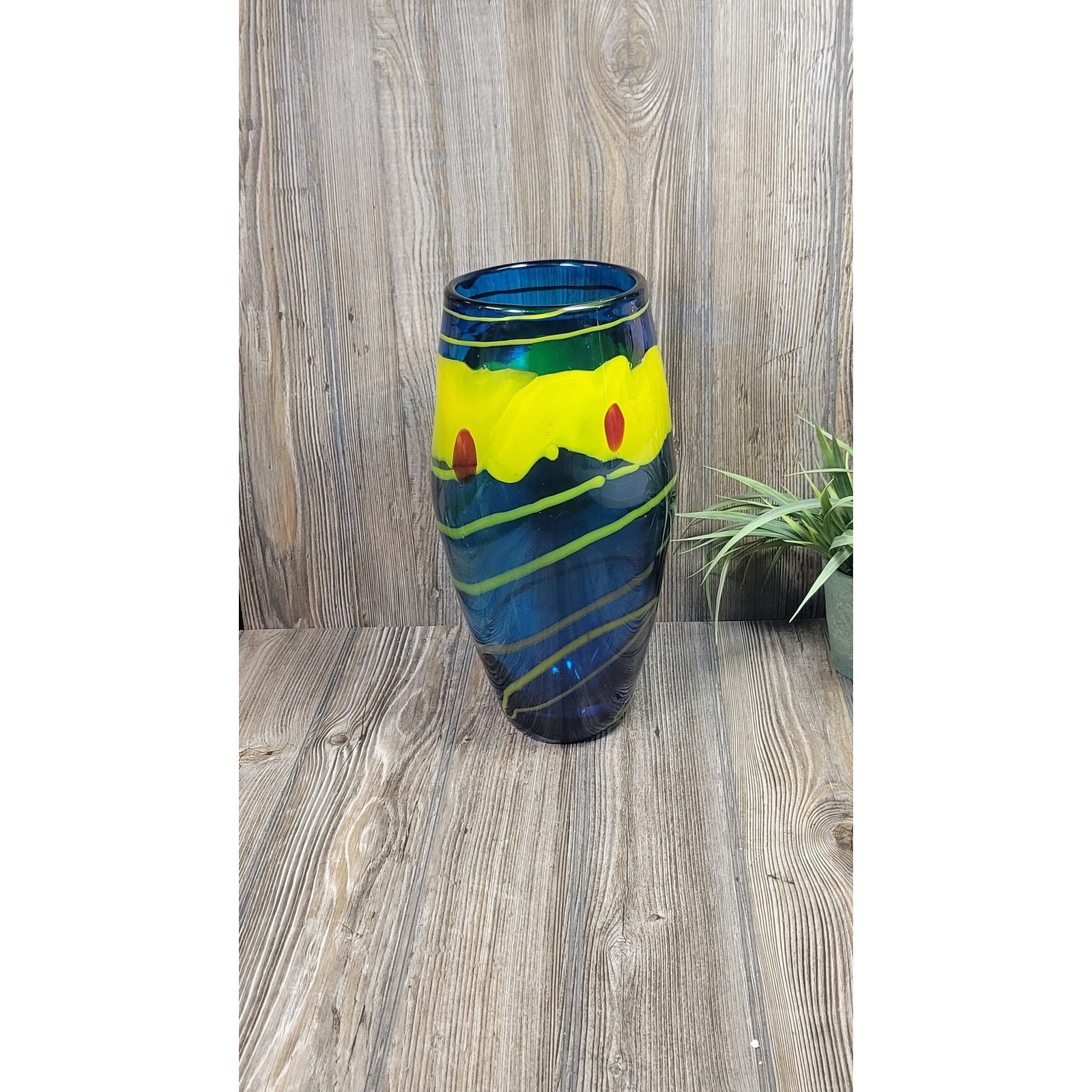Vintage Art Glass Vase, Large 13 Blue Yellow & Red