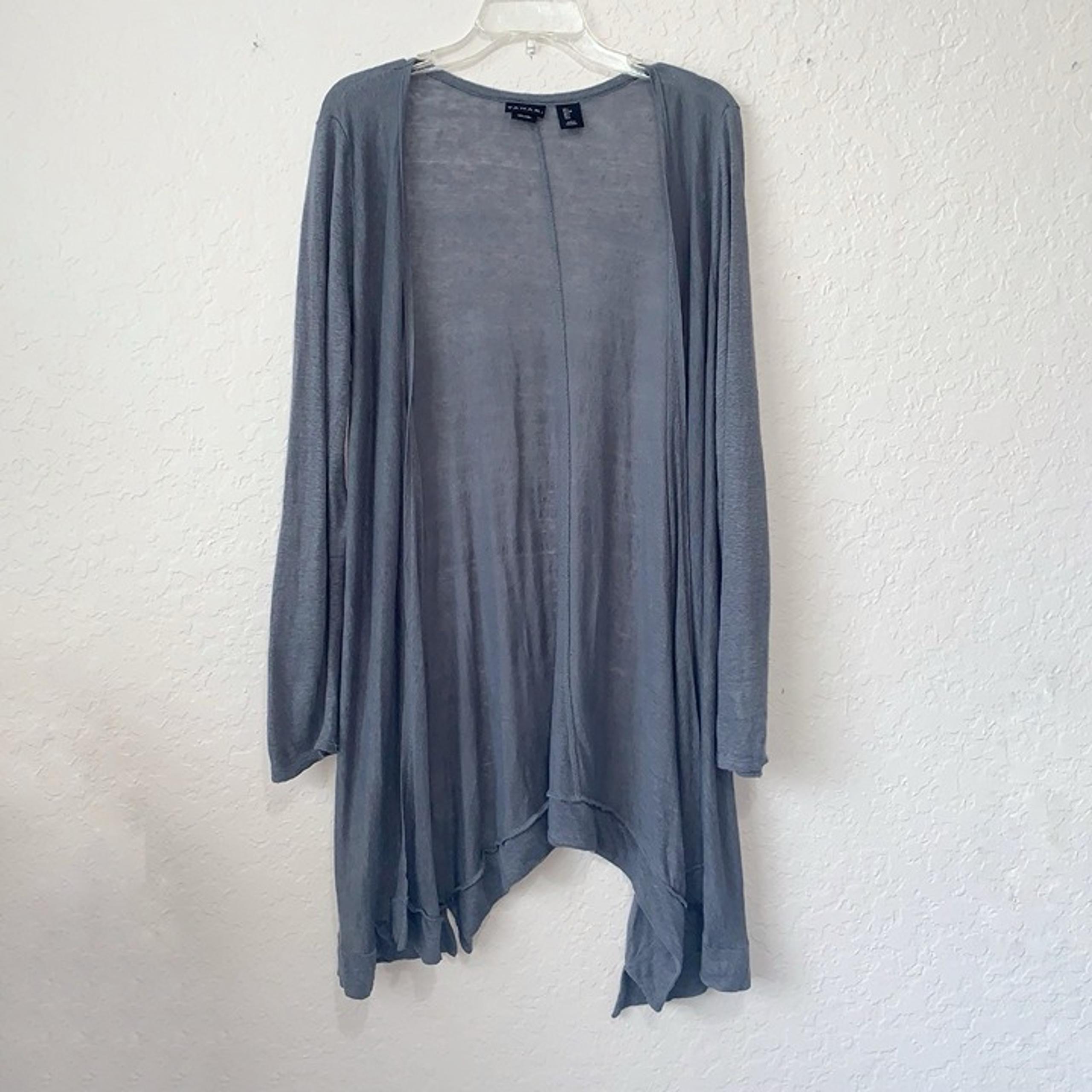 Tahari Linen Open Front Cardigan Womens Large Gray Sharkbite Hem Lightweight