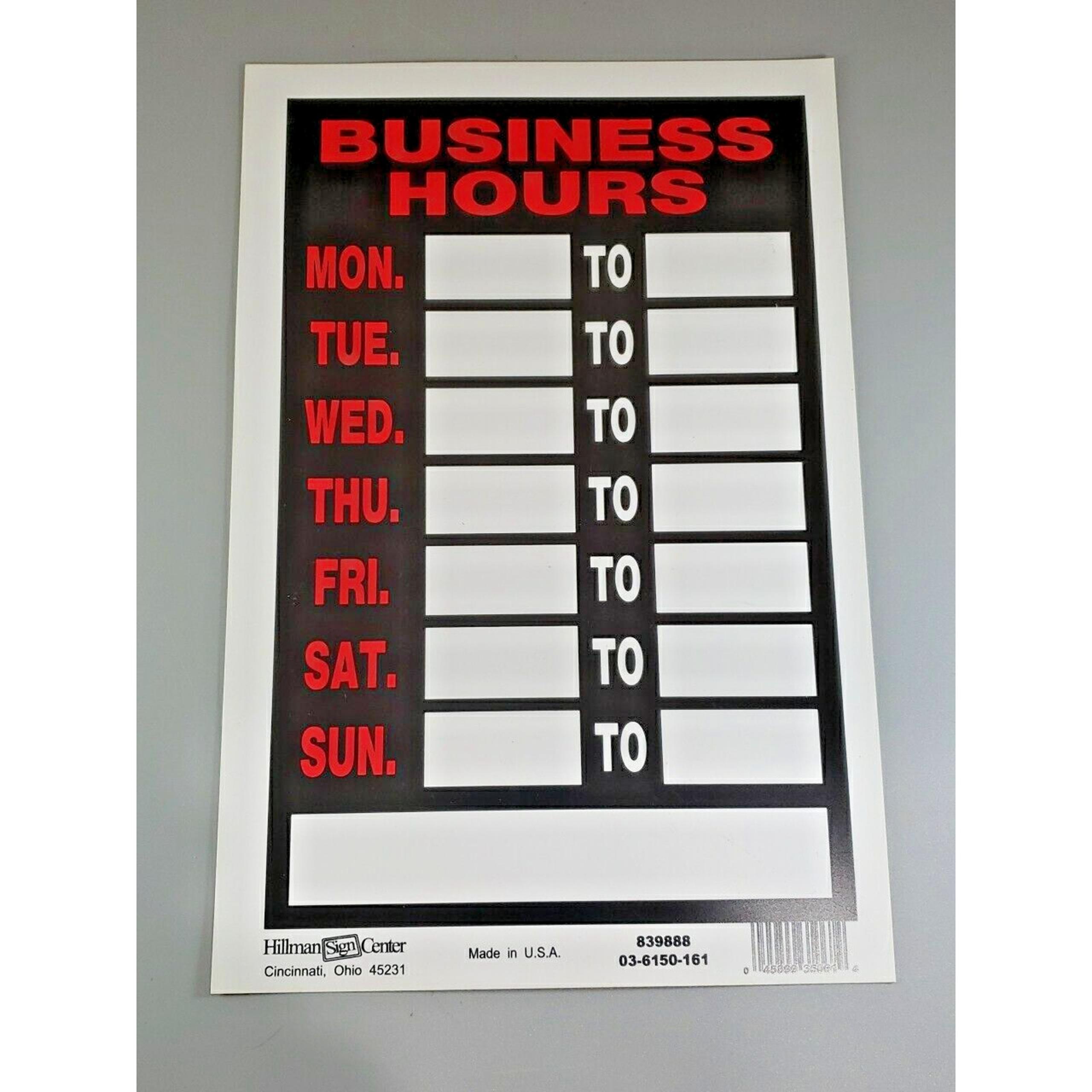 Hillman Sign Center English Black Business Hours Sign 12" H X 8" W