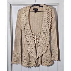 Vintage Express Handknit Sweater Small Bell Sleeve Lace Up Bohemian Hippie