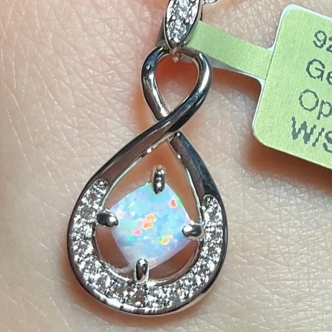 Opal and White Sapphire Pendant Necklace 925 Sterling Silver Pendant