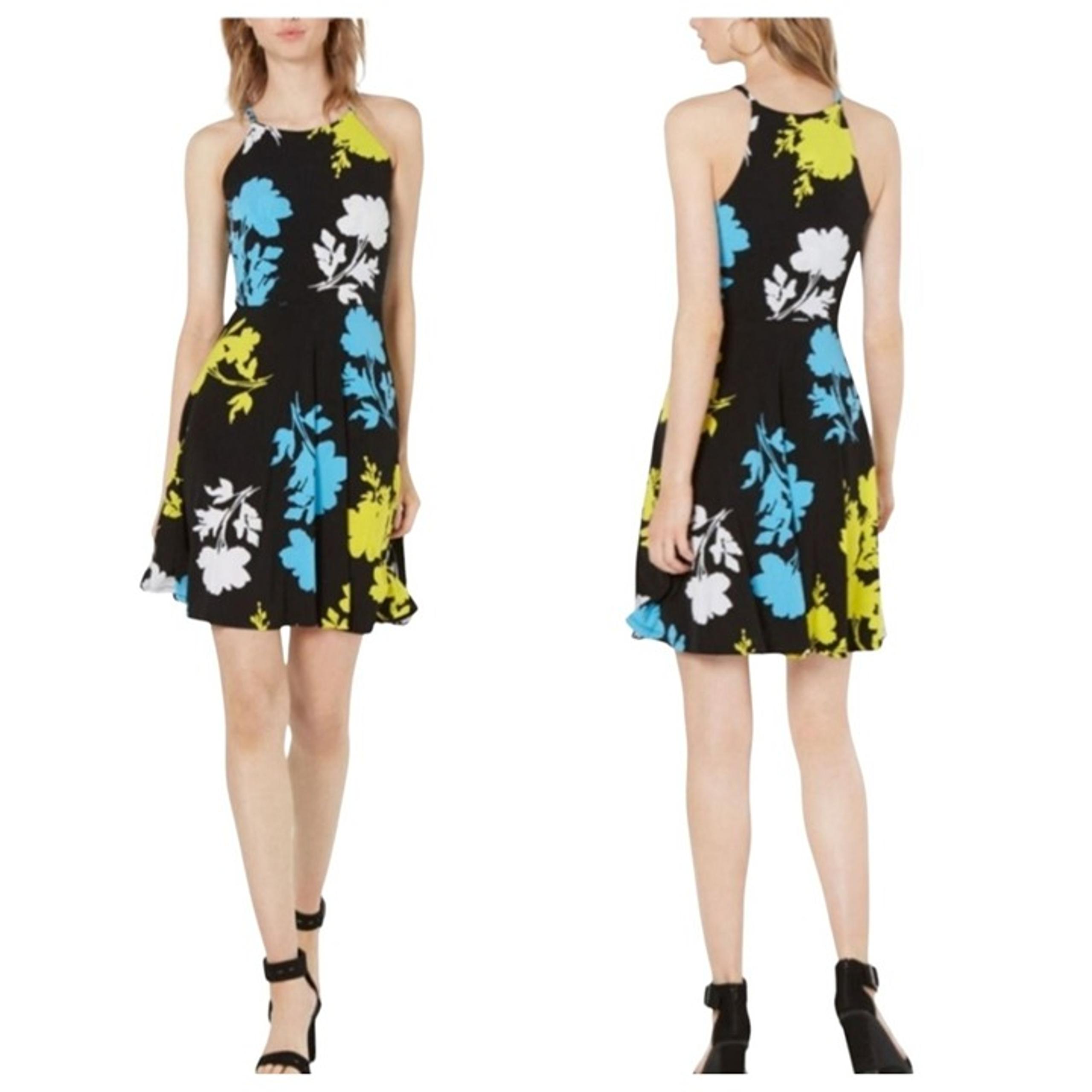 Bar III Womens Black Floral Print Sleeveless Halter Neck Ruffled Dress Large