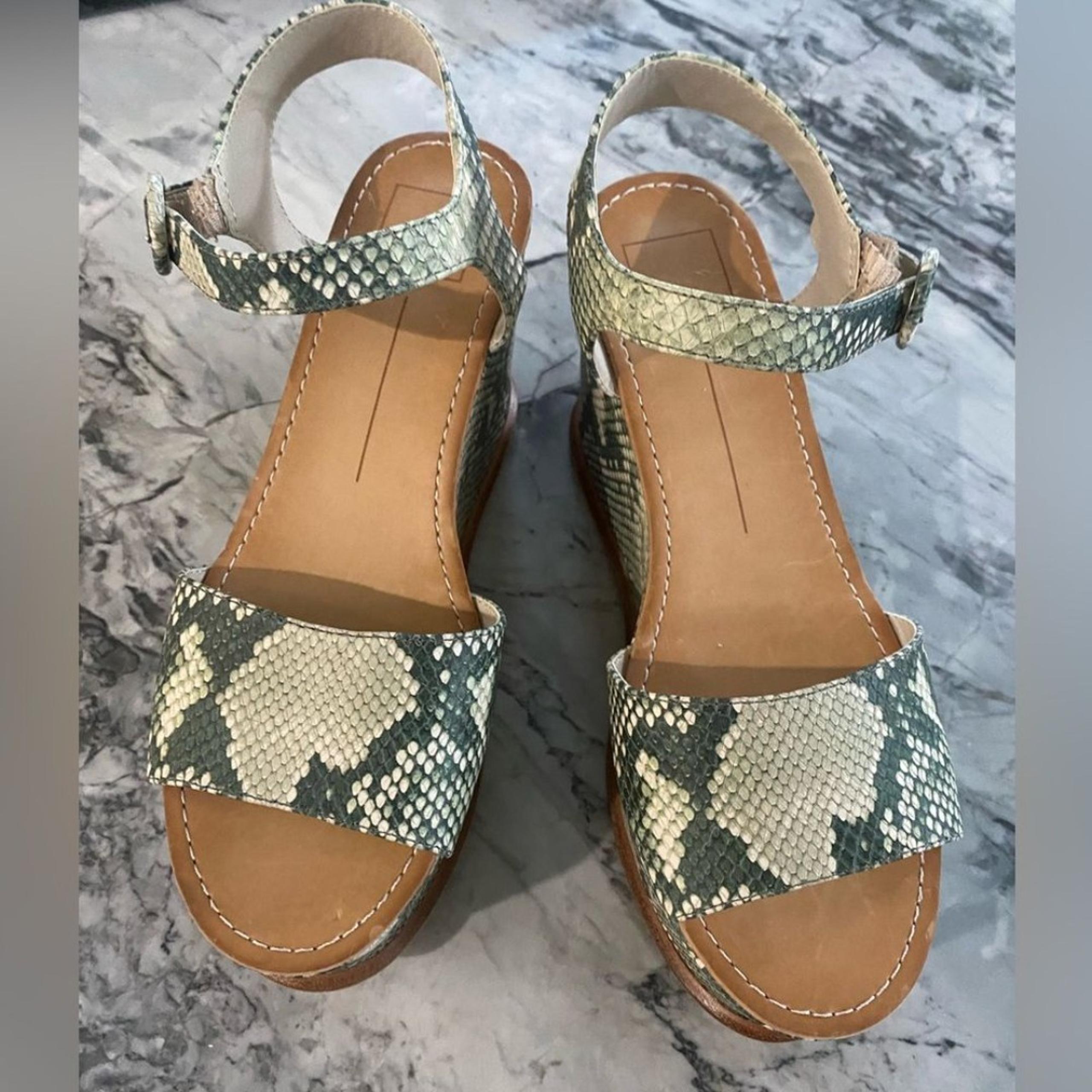 Women’s New Green Snake Skin  Wedge Doke Vita Open Toe Strap Sandals Sz 8.5