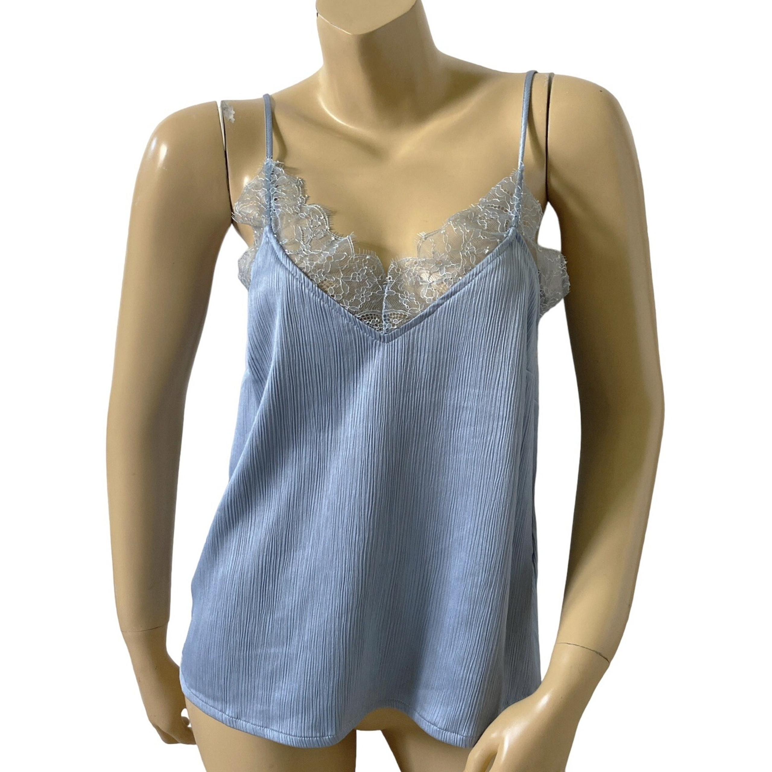 H&M Womens Size 10 Blue Spaghetti Strap Sleeveless Lace Trim Cami Top Shirt NWT