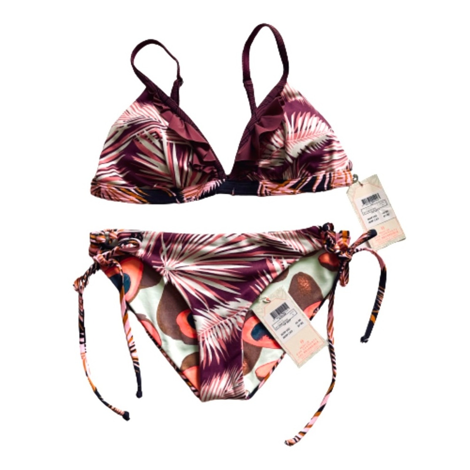 Maaji Bikini Set Reversible Avocado Fern Ruffled Top Swimsuit Bikini Large NEW