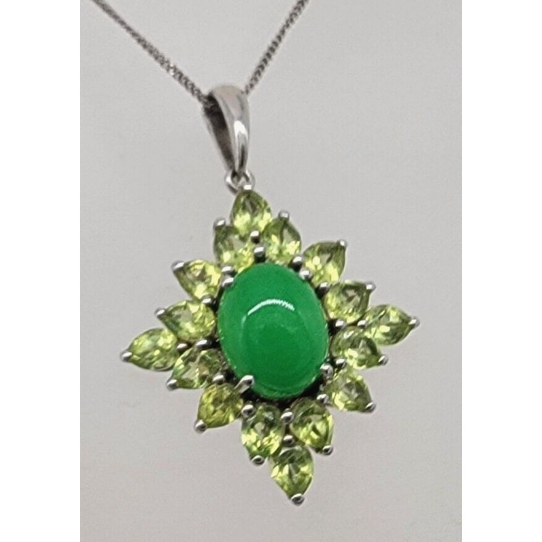 Jade Green Peridot Gemstone Pendant Necklace 925 Sterling Silver Marquise Prong