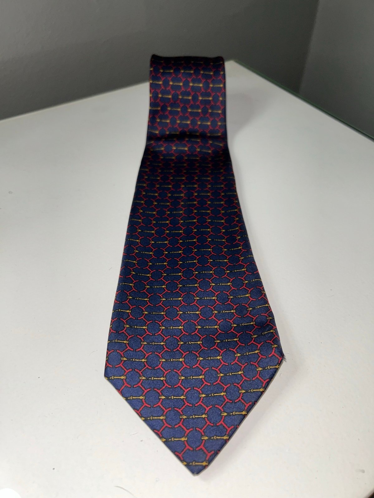 Vintage Hermes Blue Red & Gold Pattern Silk Tie