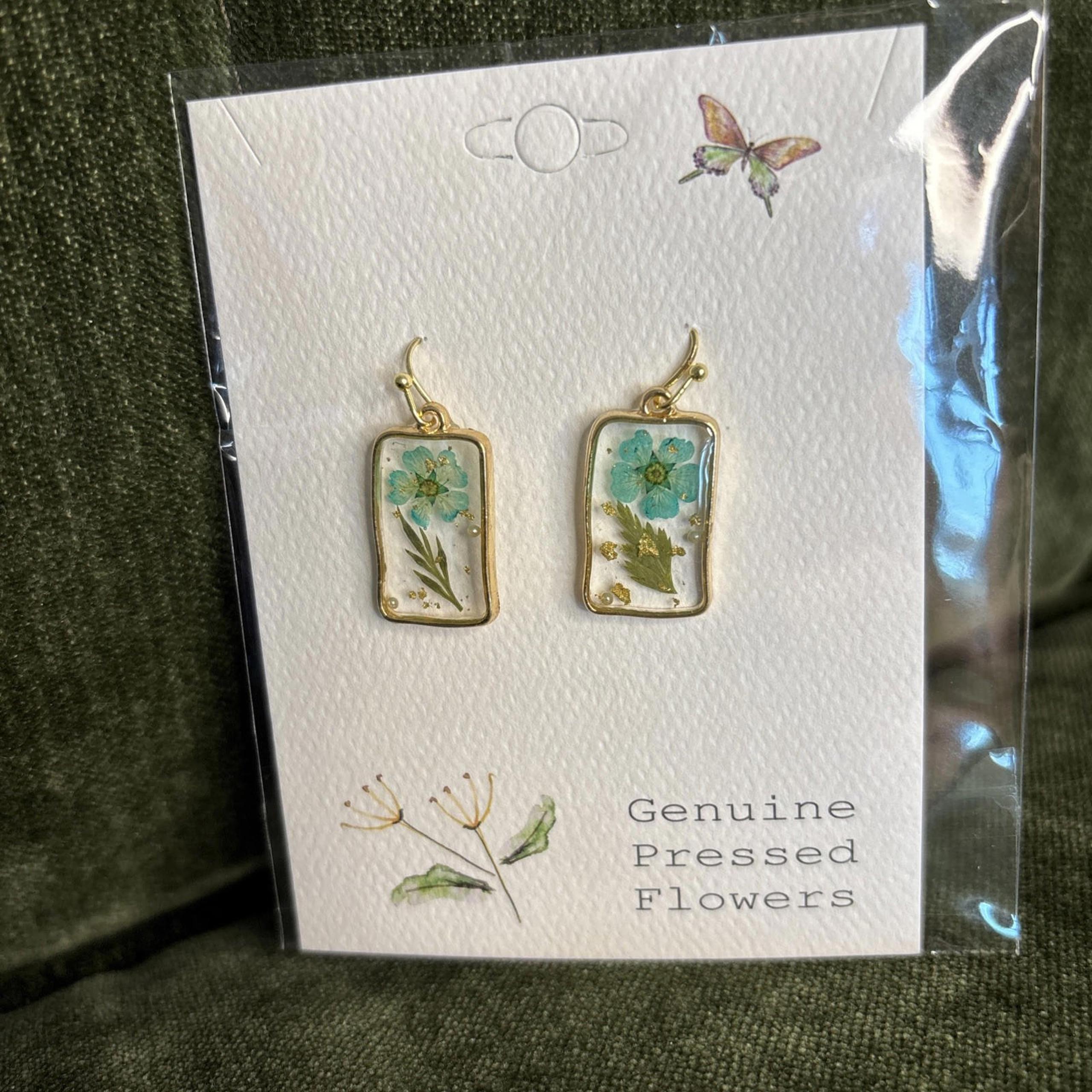 Cottage Turquoise Dried Flower Rectangle Earrings