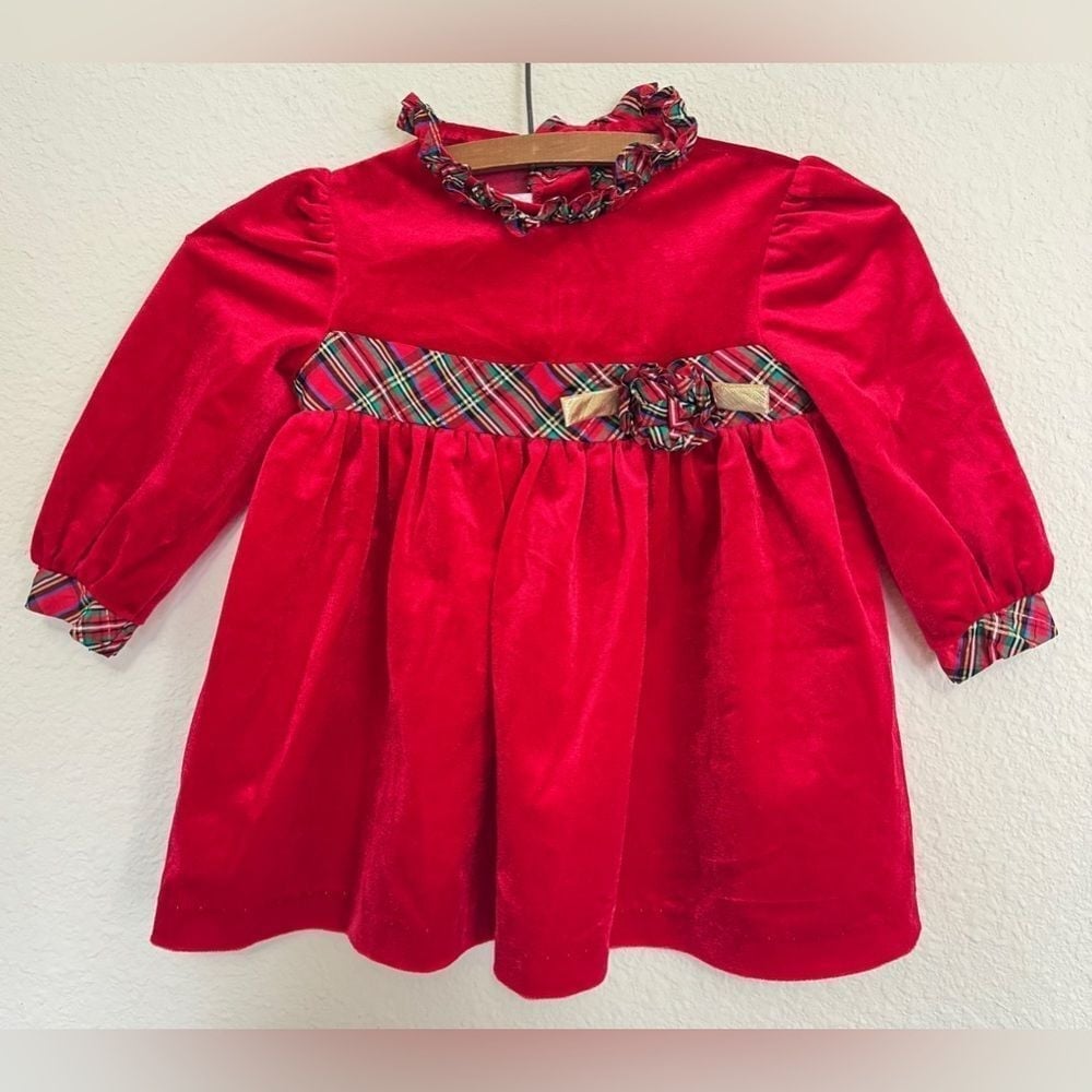 Vintage Red Velvet Christmas Dress Toddler Holiday Plaid Outfit 4T Girls
