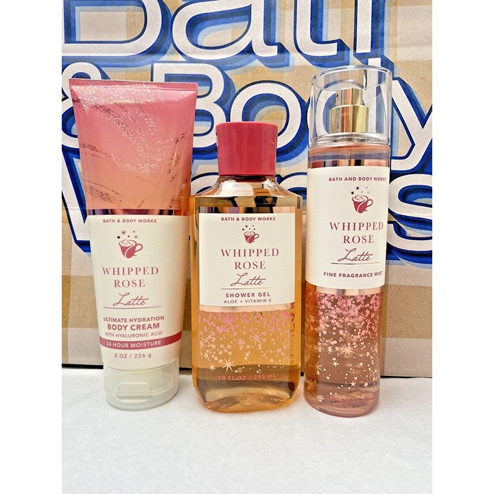 BATH AND BODY WORKS WHIPPED ROSE LATTE BODY CREAM ,MIST & SHOWER SET OF 3 PC