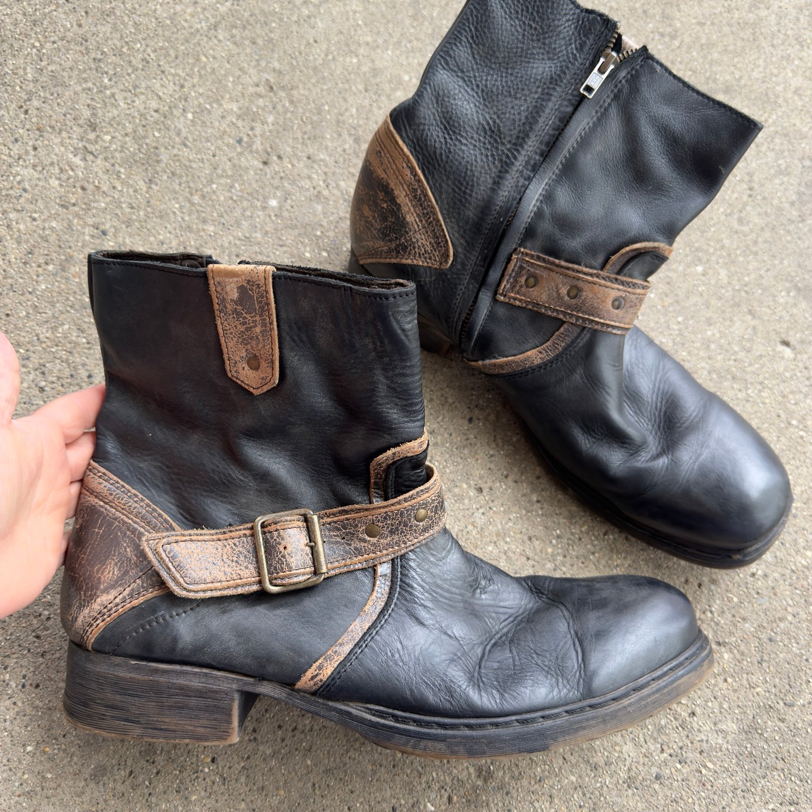 Bed Stu Distressed Black Leather CASH Boots Buckle Side Zip men’s 12
