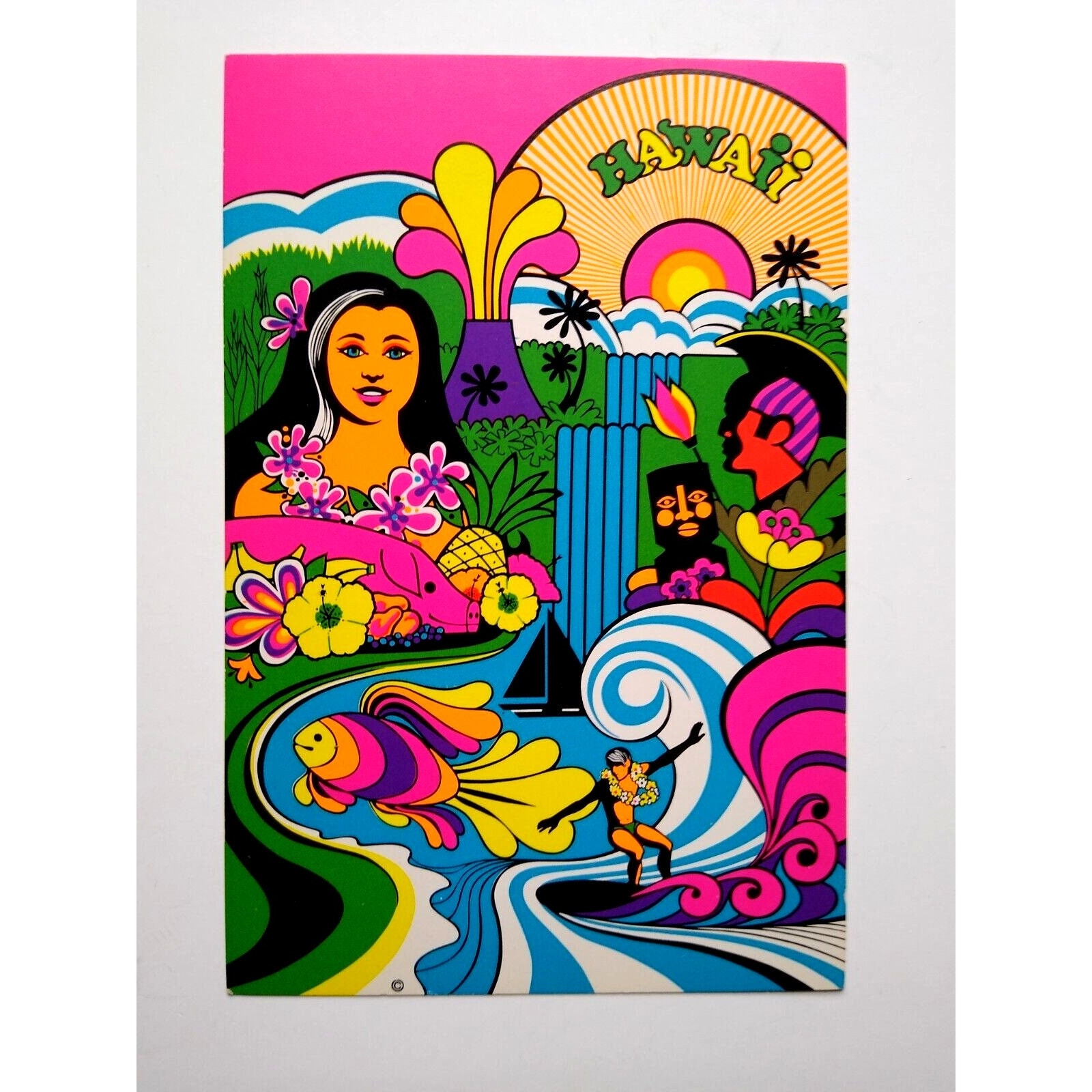 Hawaiian Hula Tiki Postcard Ponio Craft Volcano Surfing Groovy Mod Retro Hawaii