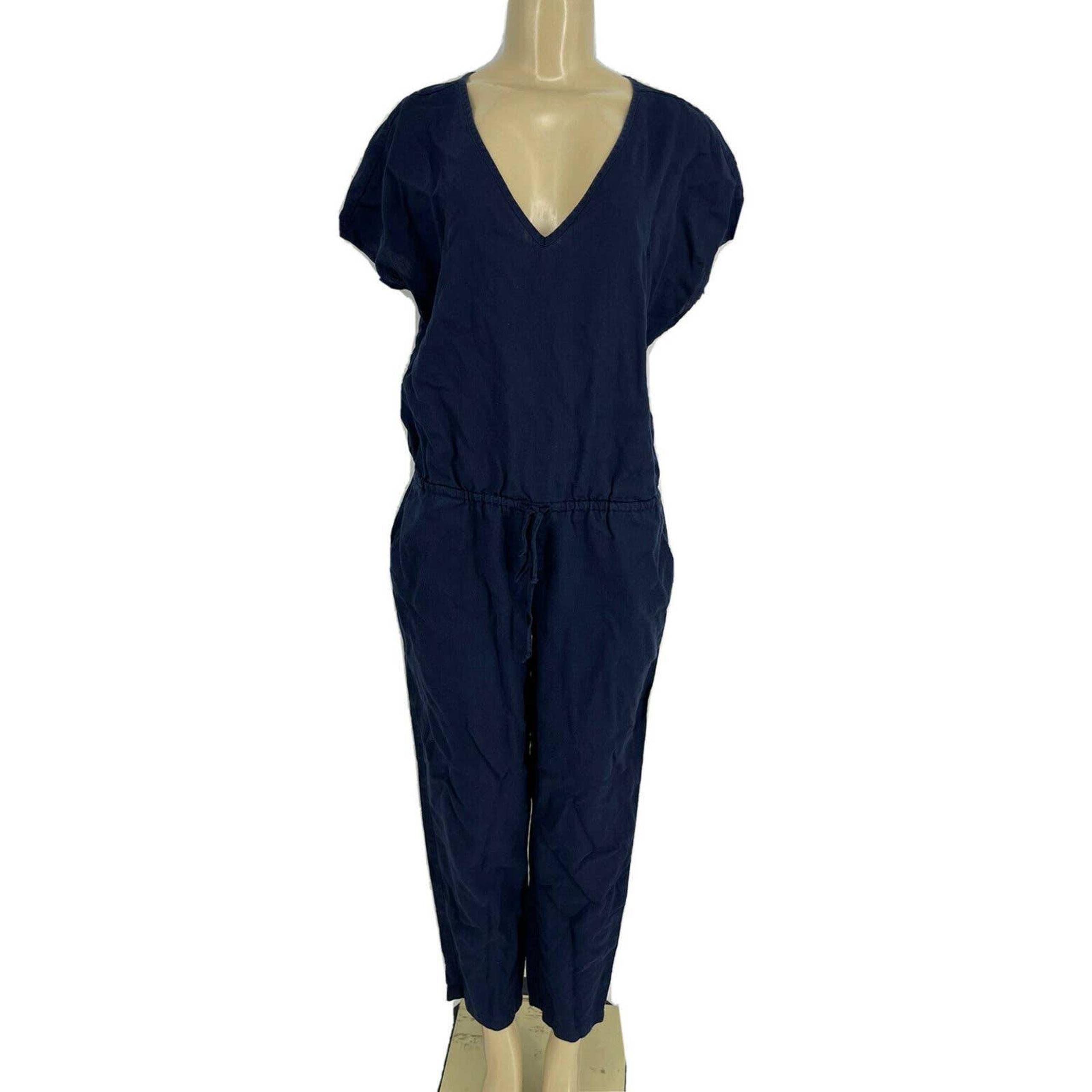J.Crew Small F0106 Women Blue V-Neck Relaxed Jumpsuit Linen Tercel Ladies A1