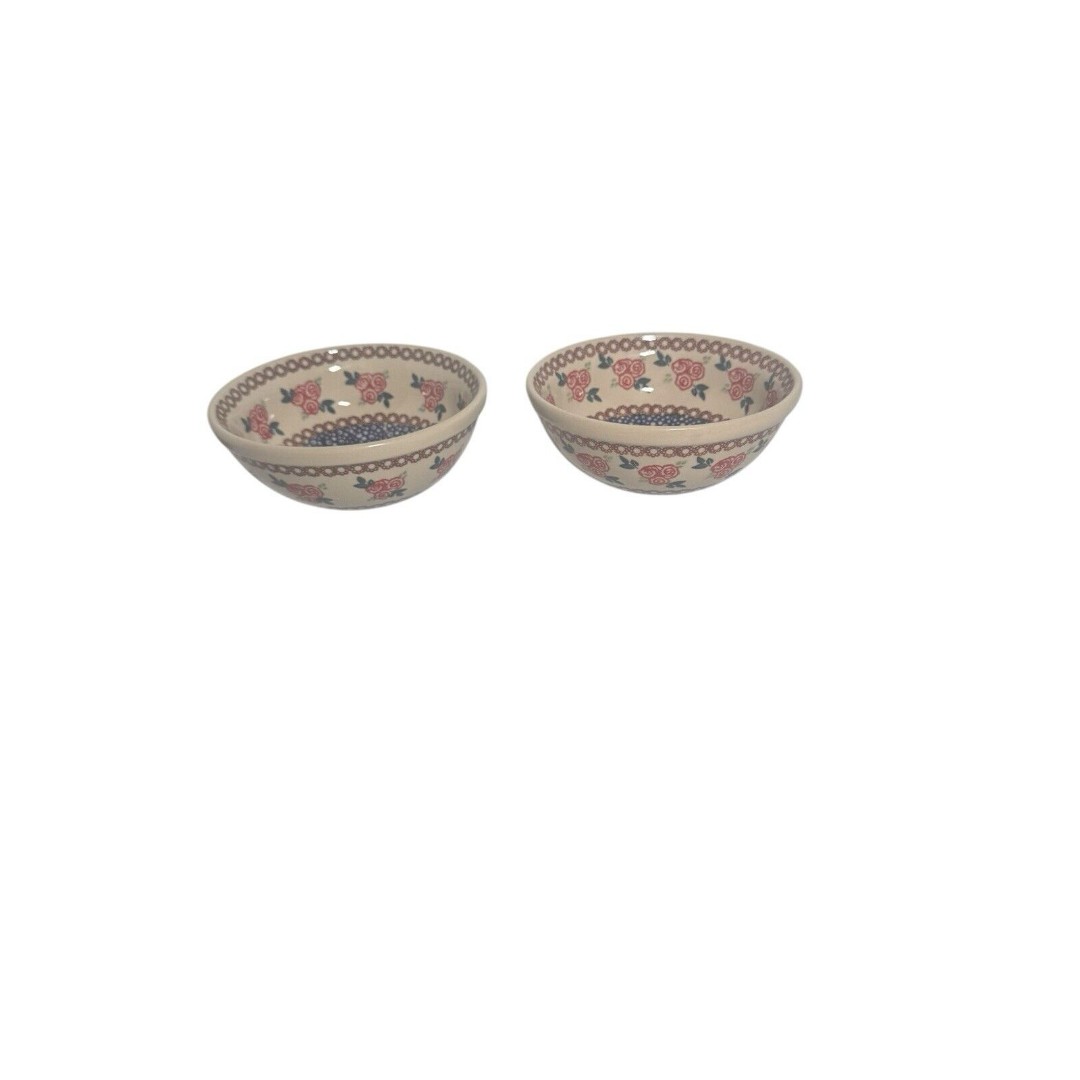 Boleslawiec Polish Pottery 2 Bowls w/ Flowers Roses Blue Green & Brown 6.5 Diam